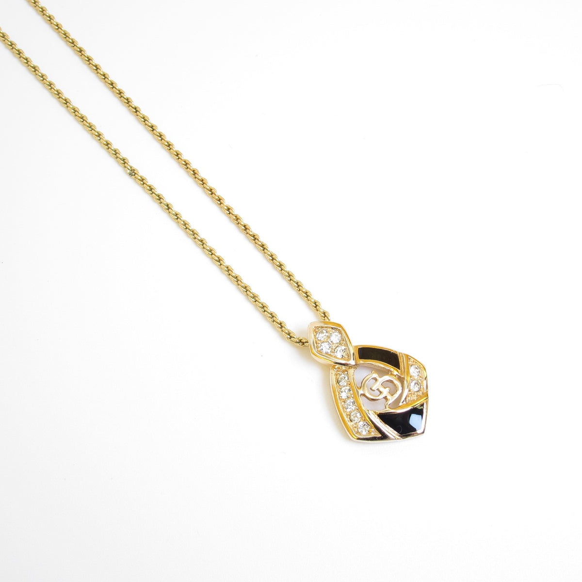 Christian Dior Vintage Black Enamel Diamond CD Logo Gold-Tone Necklace