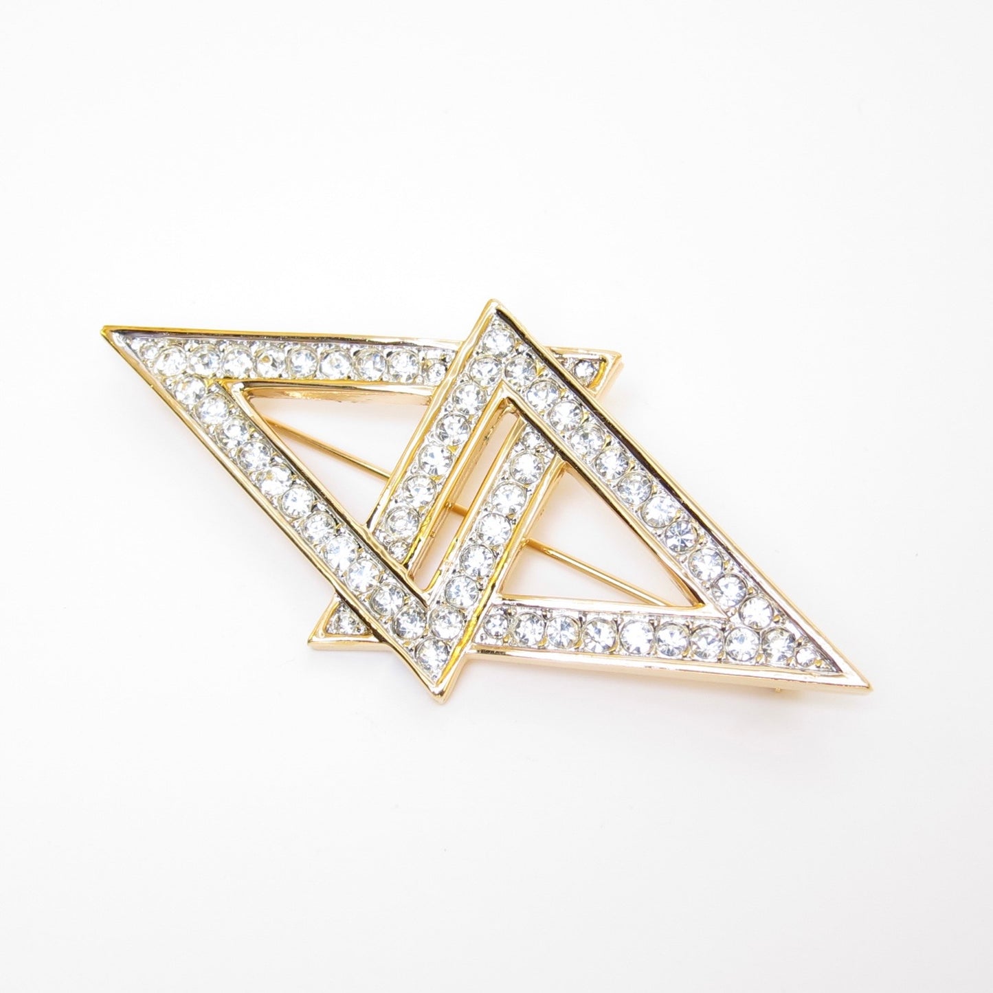 Nina Ricci Vintage Interlaced Double Triangle with Rhinestone Golden Brooch