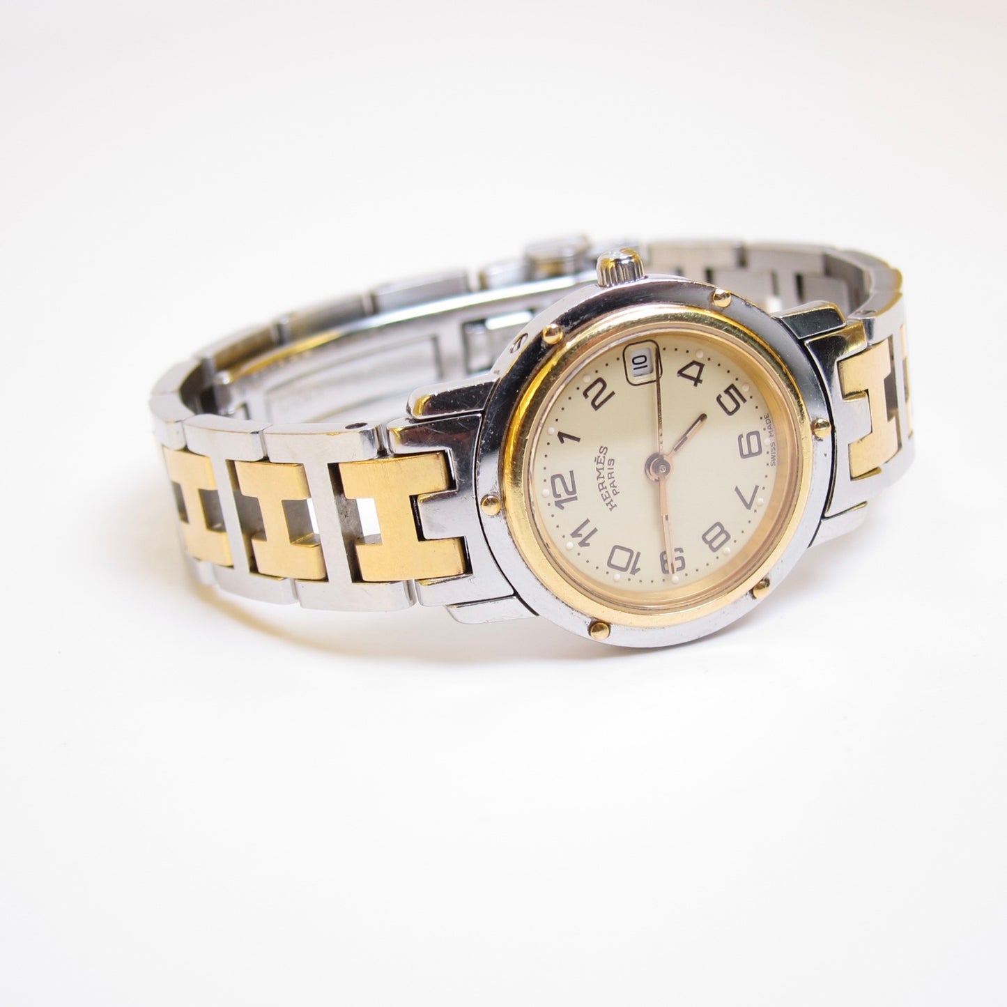 Hermes Vintage Clipper Ivory Face with Date and H Bracelet Two Tone Watch