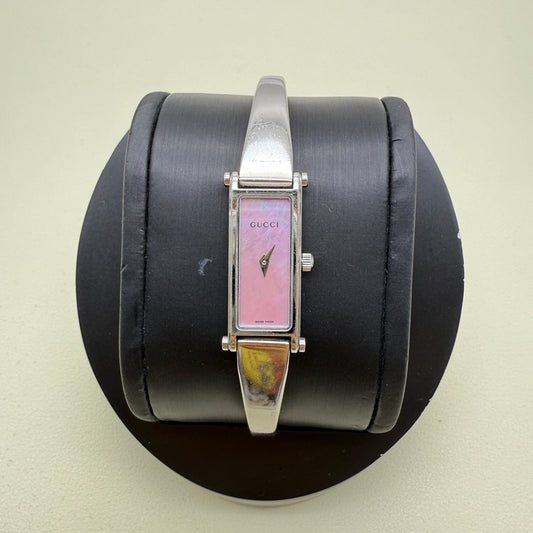 Gucci Vintage Rectagle Pink Pearl Face Silver Bangle Watch