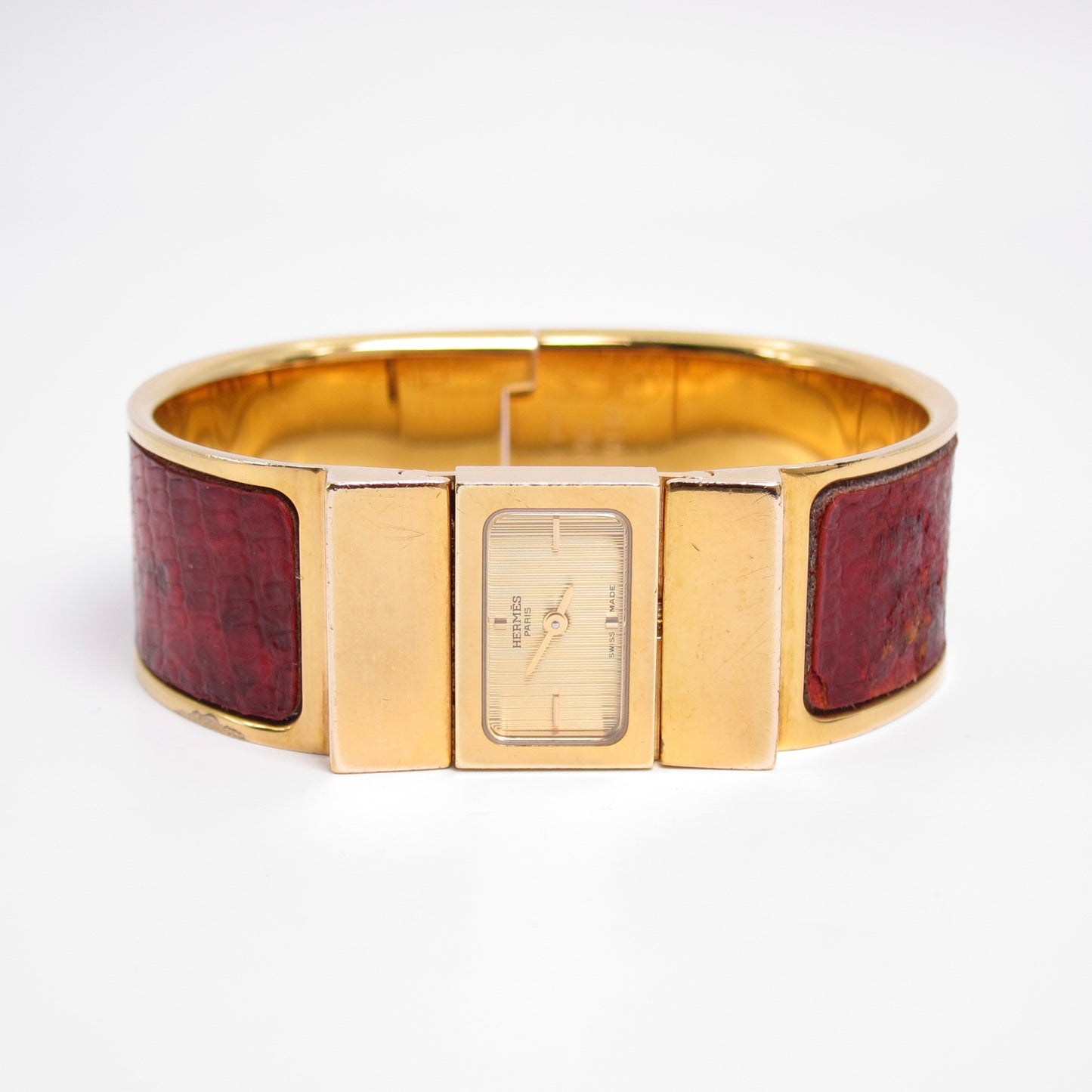 Hermes Vintage Loquet Red Crocodile Leather Golden Bangle Watch