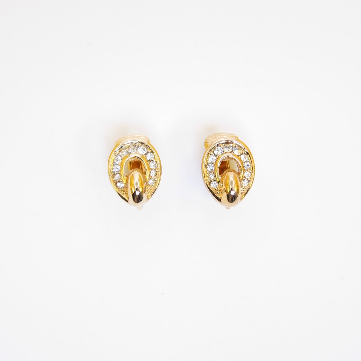 Christian Dior Vintage Oval Shaped with Rhinestone Golden Clip-on Earrings