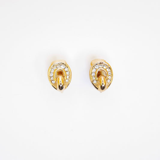 Christian Dior Vintage Oval Shaped with Rhinestone Golden Clip-on Earrings