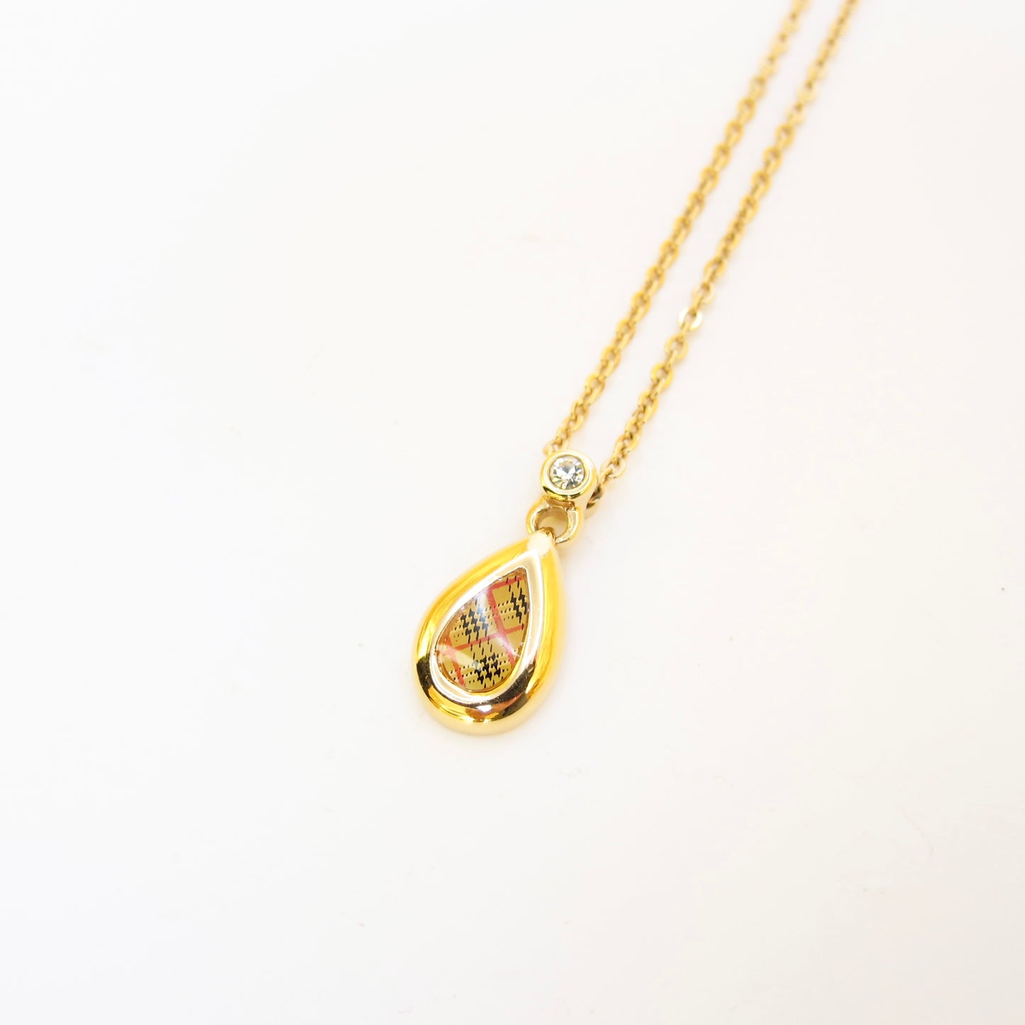 Burberry Vintage Check Drop Shape and Rhinestone Golden Necklace