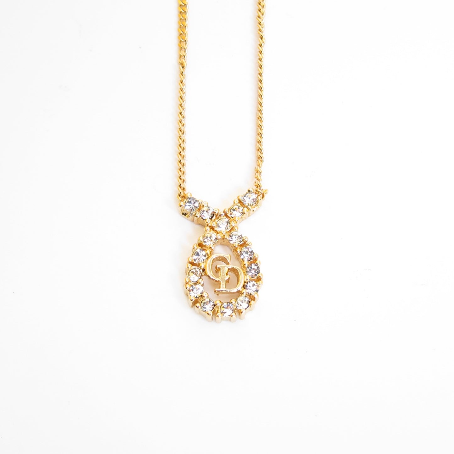 Christian Dior Vintage CD Logo in Drop Shape with Rhinestone Golden Necklace