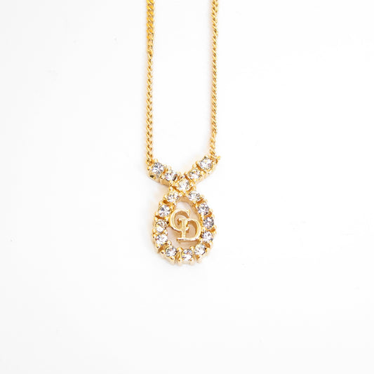 Christian Dior Vintage CD Logo in Drop Shape with Rhinestone Golden Necklace