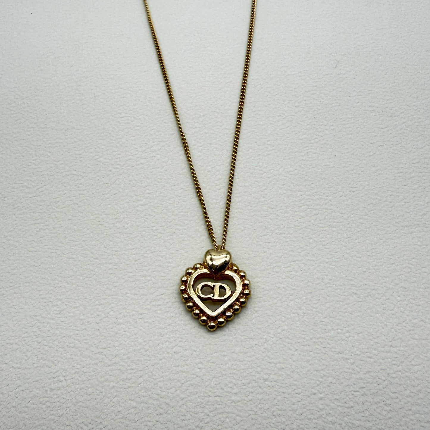 Christian Dior Vintage CD Logo in Heart Shape Pendant Golden Necklace