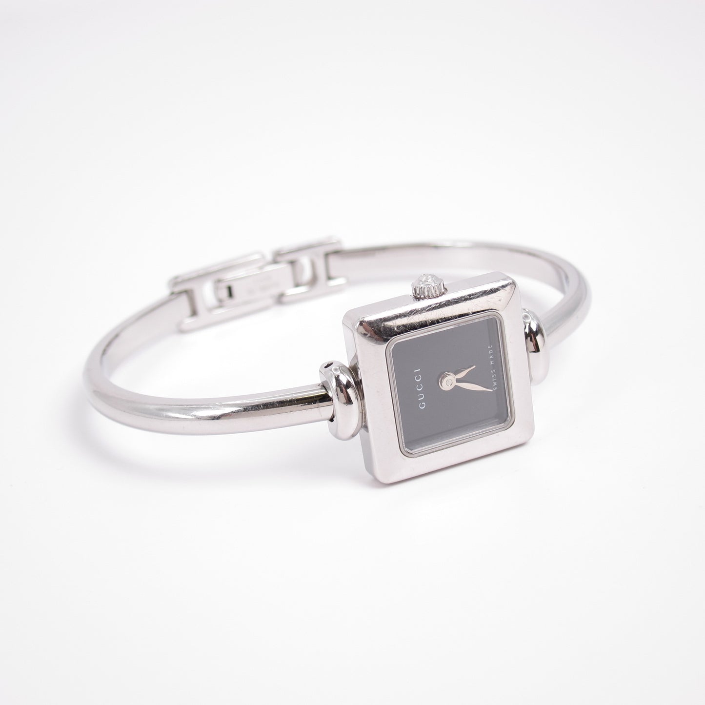 Gucci Vintage Square Black Face Silver Bangle Watch