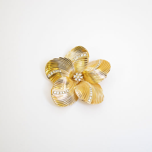 Christian Dior Vintage Flower Motif and Rhinestone Golden Brooch