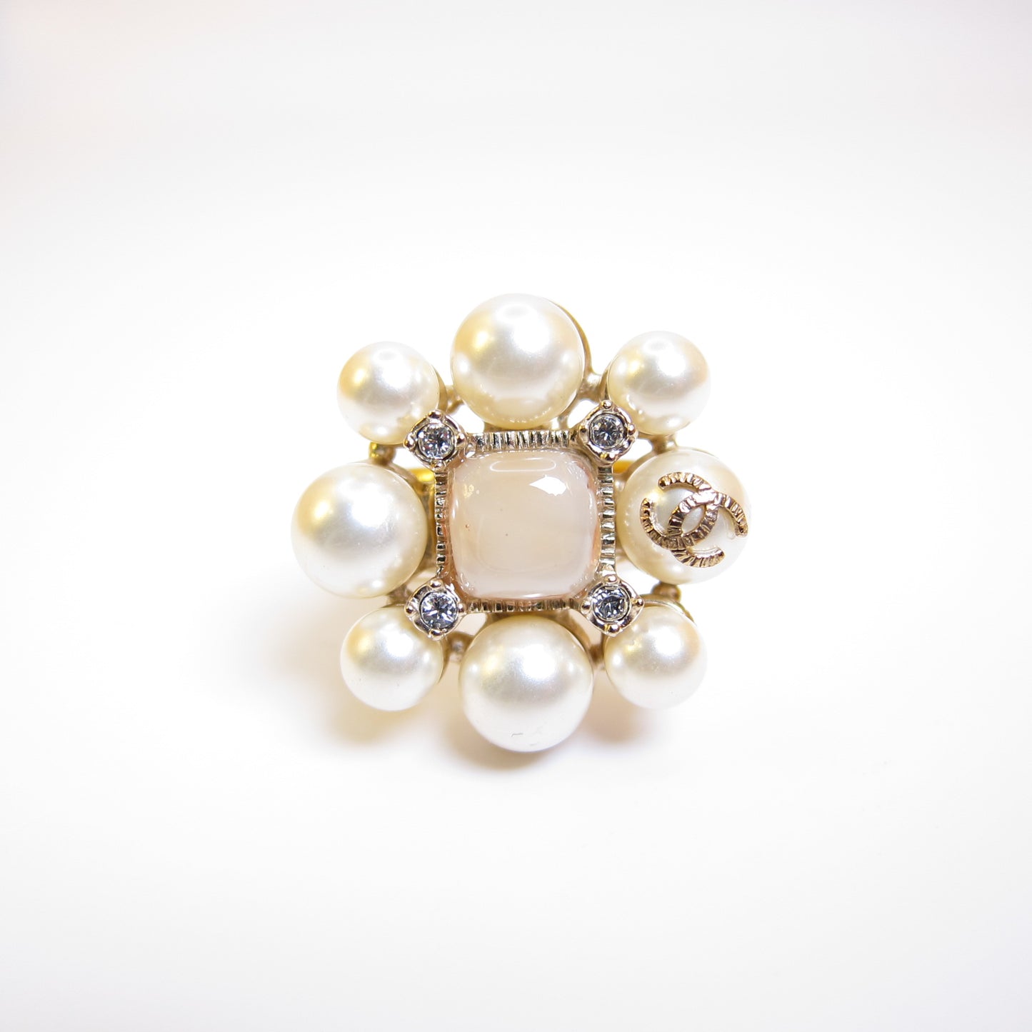 Chanel Vintage CC Logo Pearl and Stone Golden Ring #12