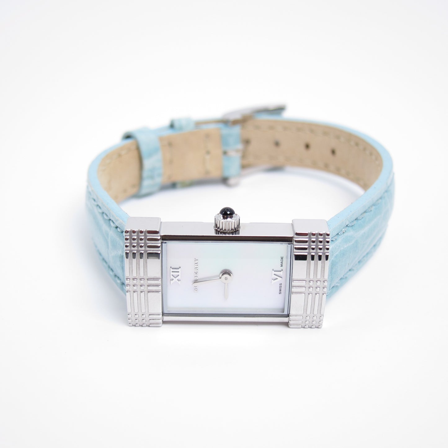 Burberry Vintage Rectangle Shell Pearl Face with Blue Leather Strap Watch