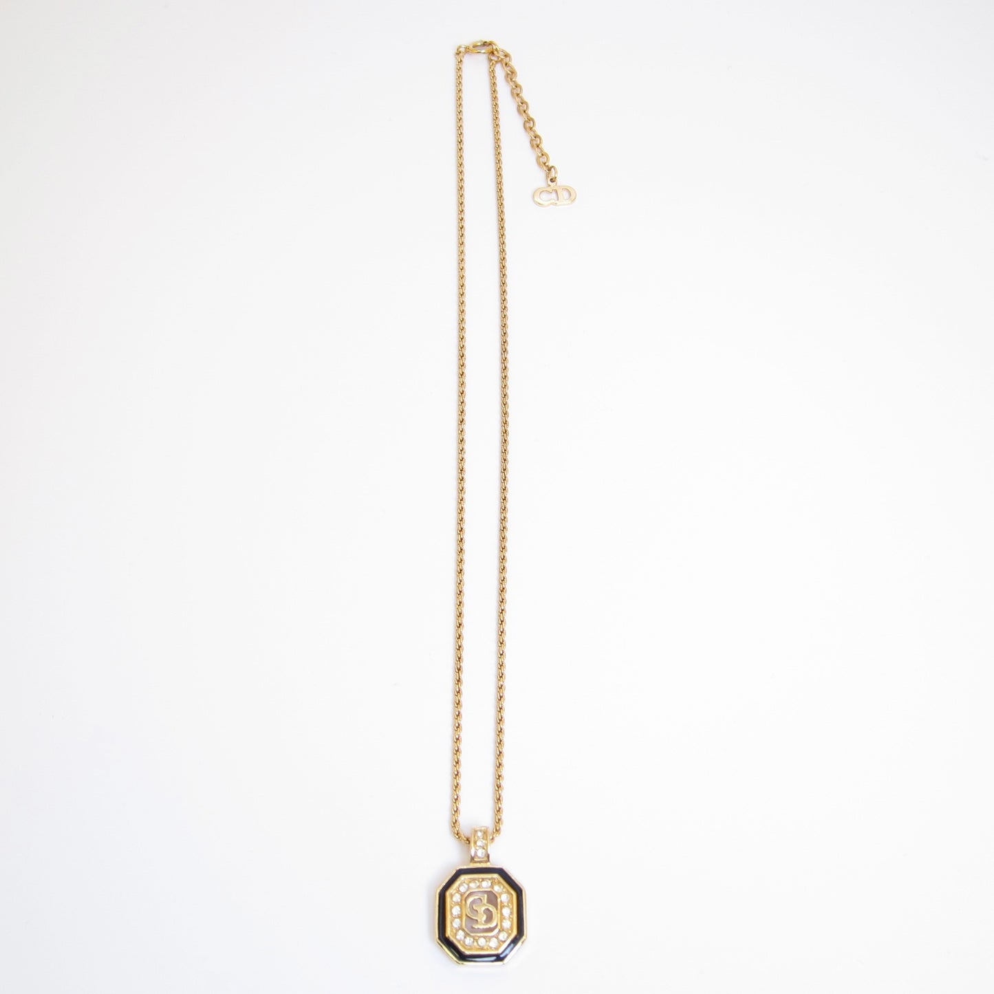 Christian Dior Vintage CD Logo in Octagon Black and Rhinestone Golden Necklace