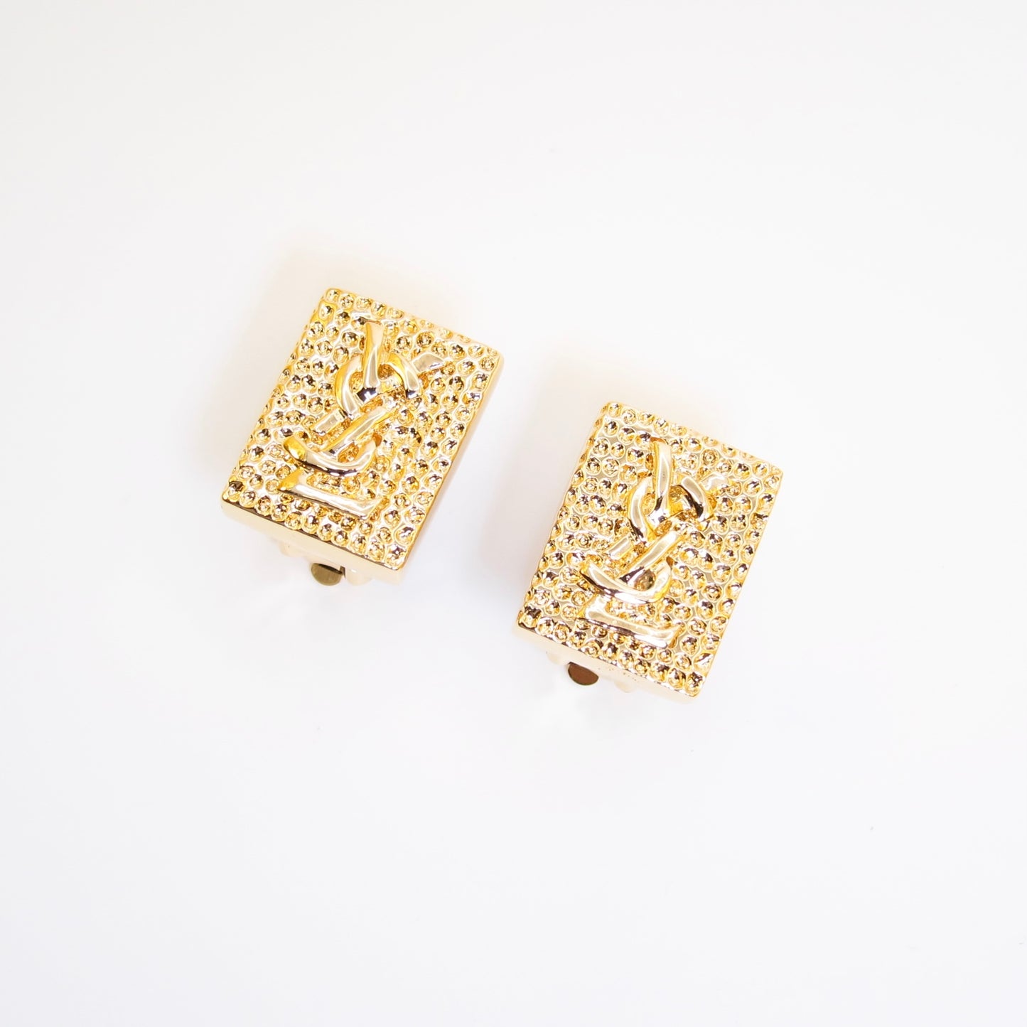 Yves Saint Laurent Vintage YSL Logo on Rectangle Golden Clip-on Earrings