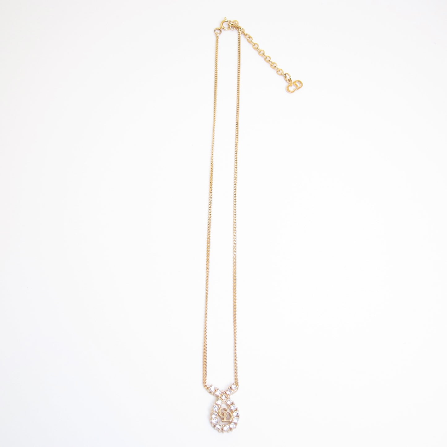 Christian Dior Vintage CD Logo in Drop Shaped with Rhinestone Golden Necklace