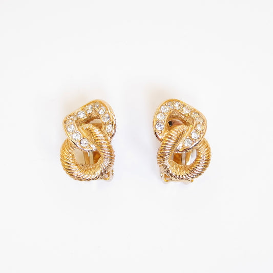 Christian Dior Vintage Link and Rhinestone Golden Clip-on Earrings