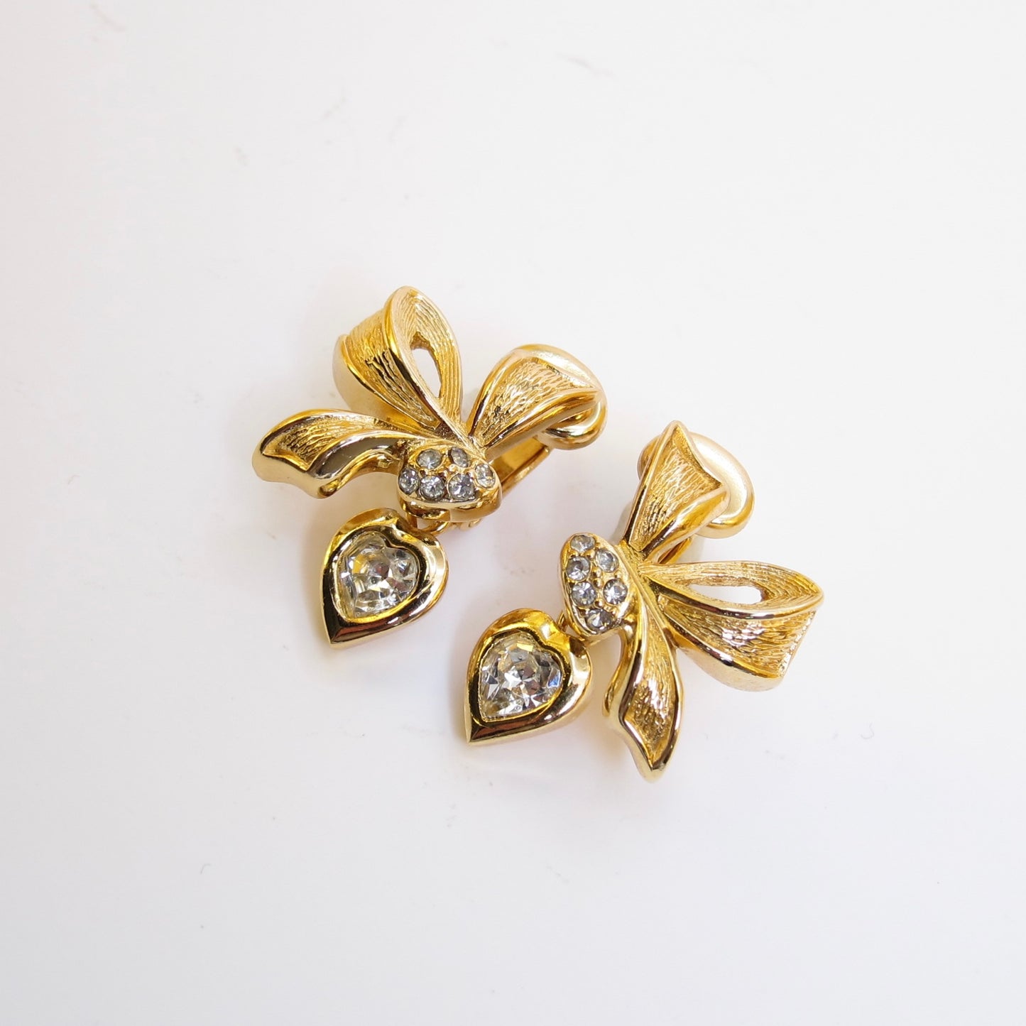 Christian Dior Vintage Ribbon Motif and Rhinestone Golden Clip-on Earrings