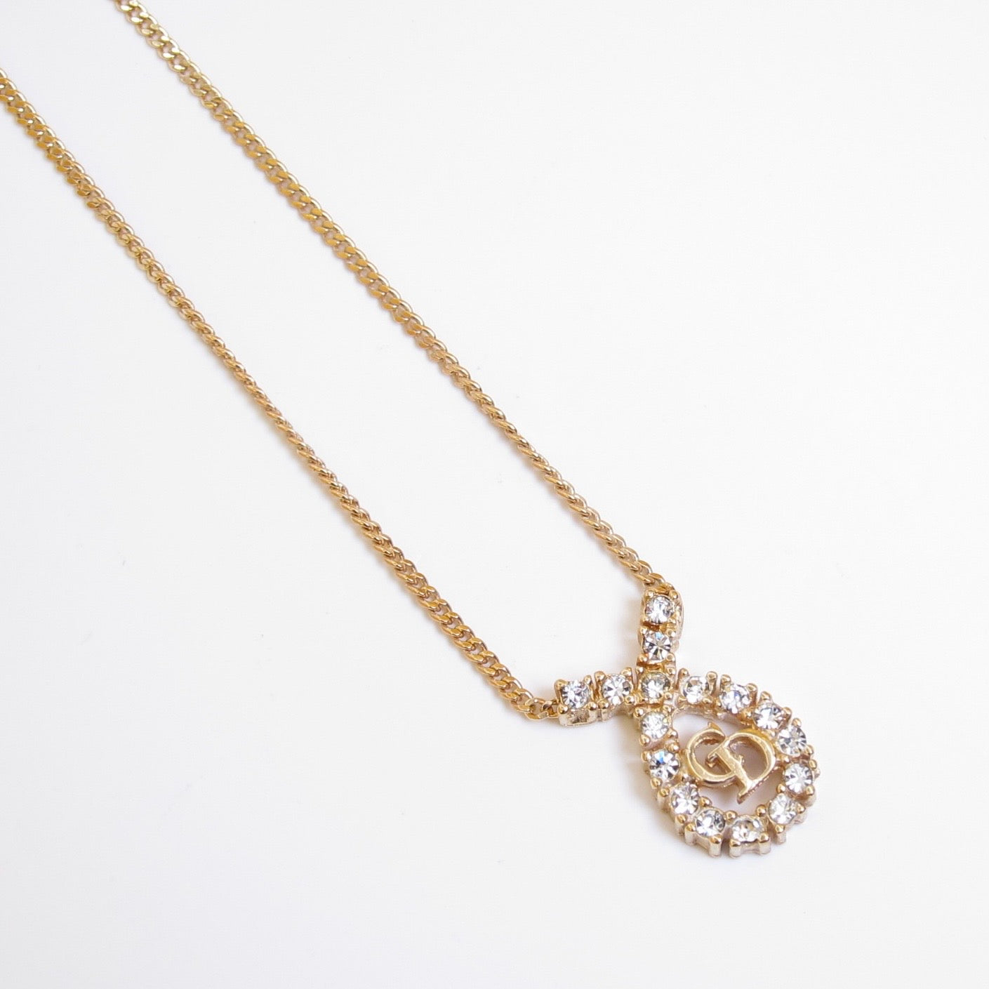 Christian Dior Vintage CD Logo in Drop Shaped with Rhinestone Golden Necklace