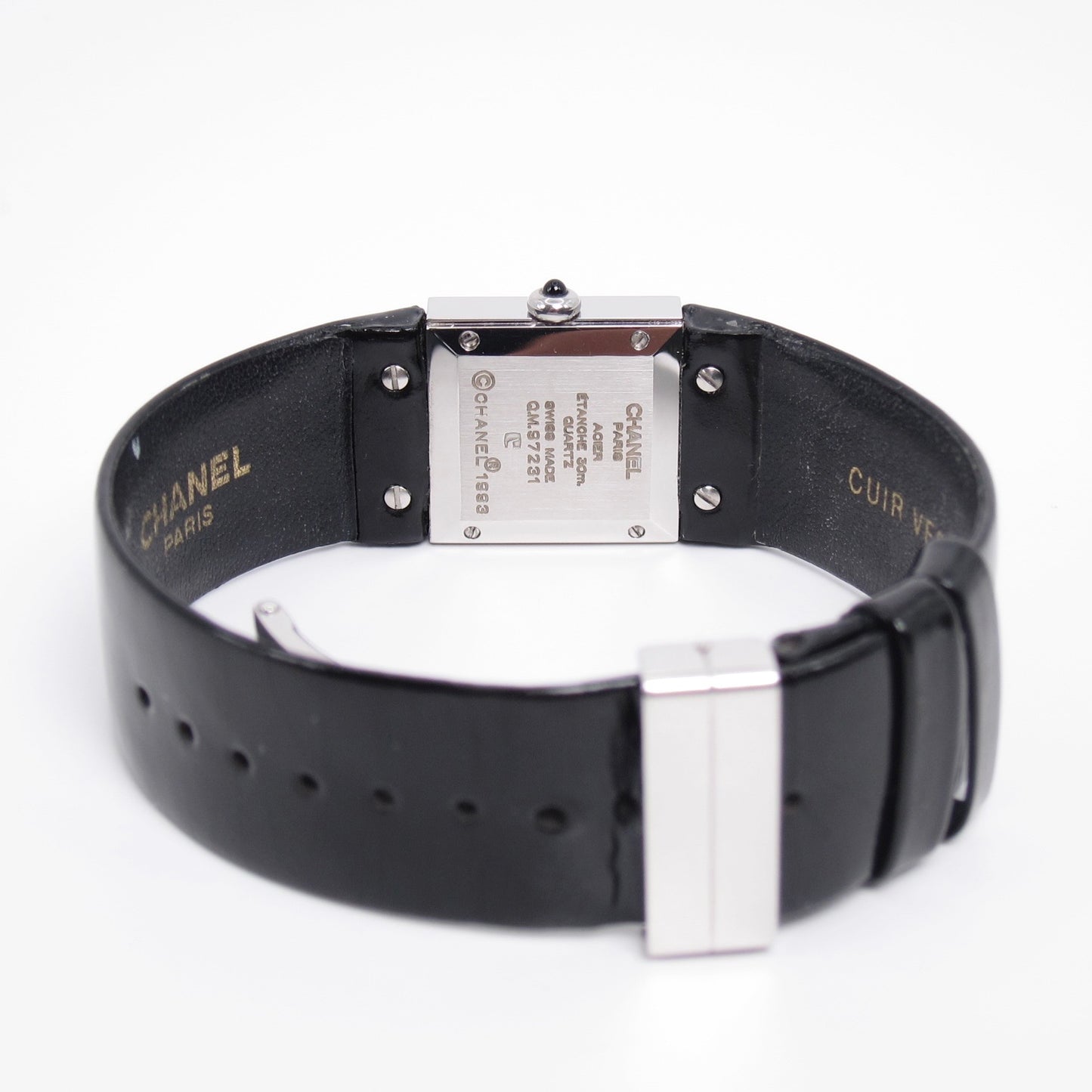 Chanel Vintage Matelasse Square Black Face with Leather Strap Watch