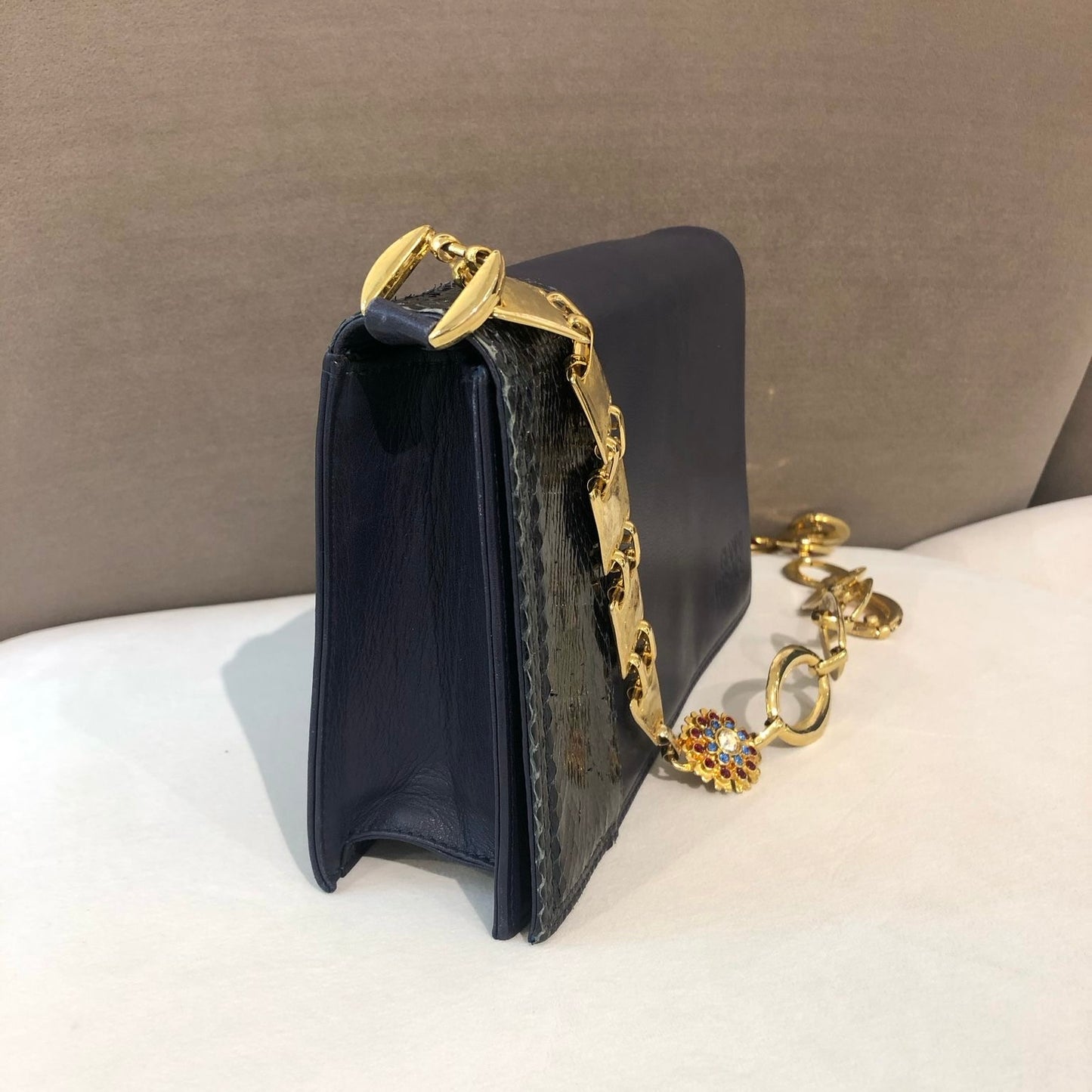 Versace Vintage Navy Leather Chain Shoulder Bag With Exotic Trim