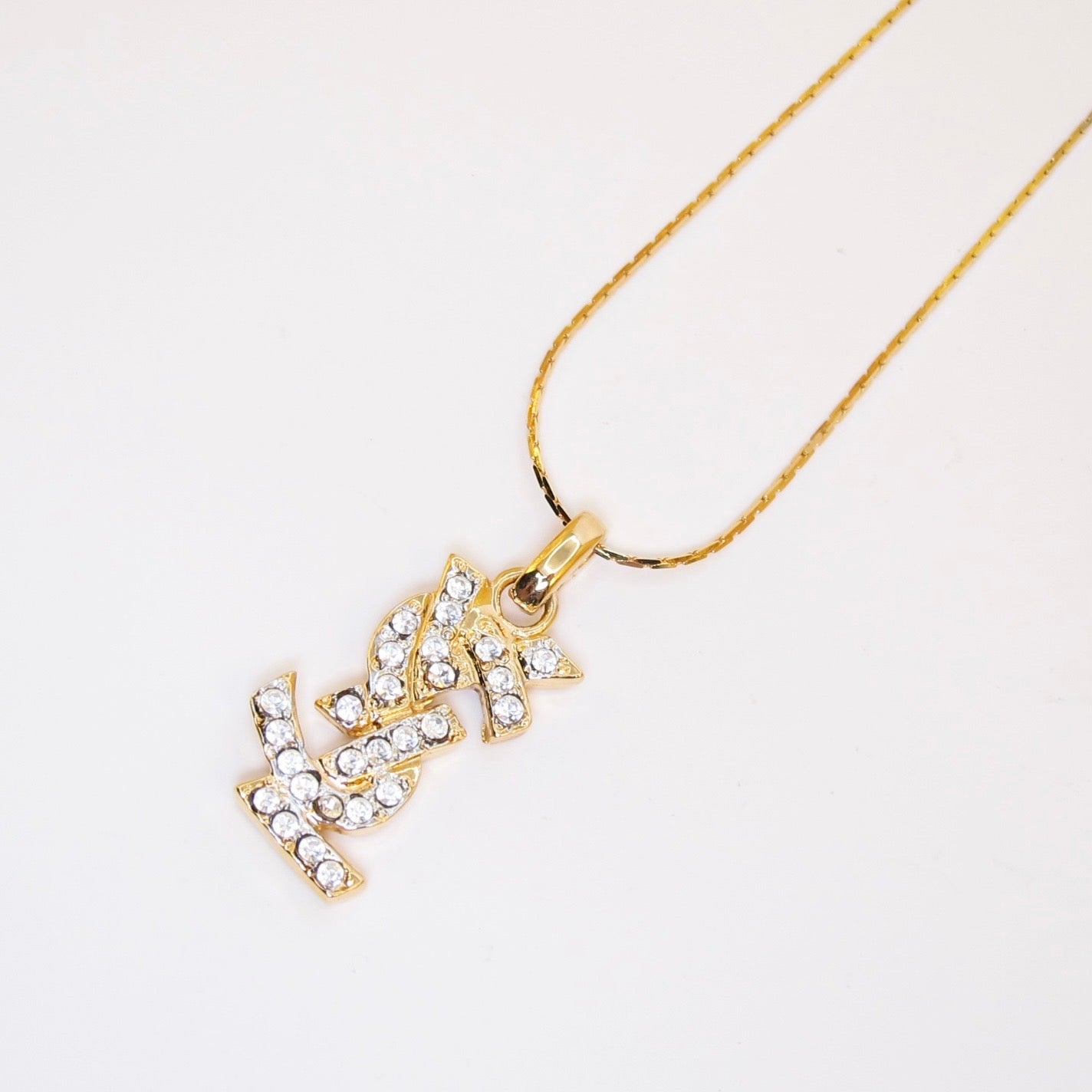 Yves Saint Laurent Vintage Ysl Logo with Rhinestone Golden Necklace