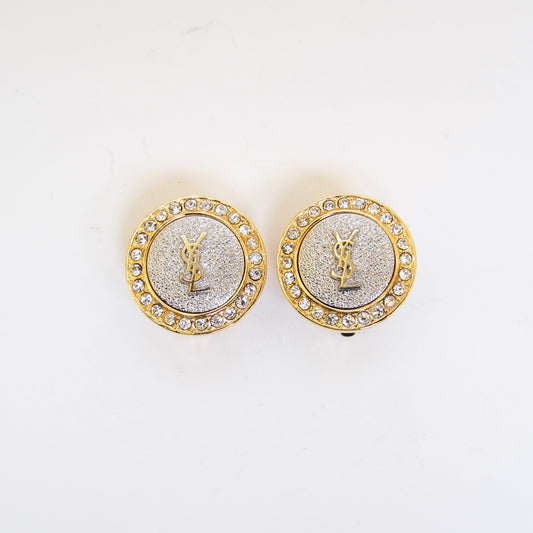 Yves Saint Laurent Vintage YSL Logo on Silver Circle with Rhinestone Golden Clip-on Earrings