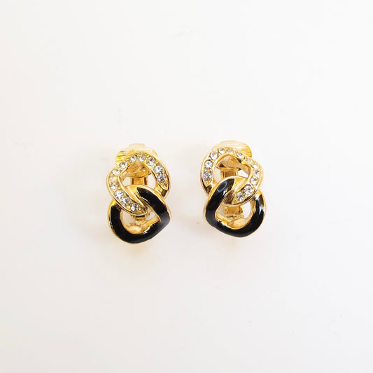 Christian Dior Vintage Black and Rhinestone Link Golden Clip-on Earrings