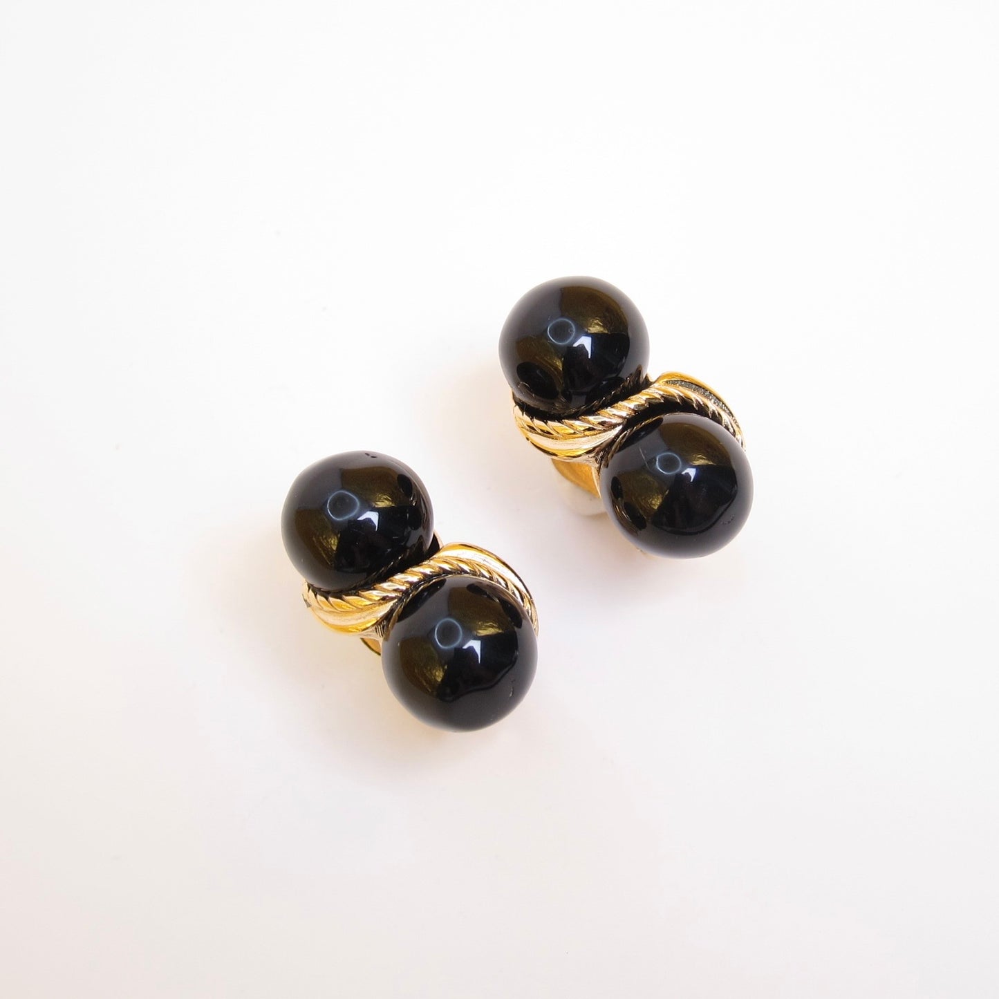 Givenchy Vintage Twisted Rope Double Black Sphere Golden Clip-on Earrings