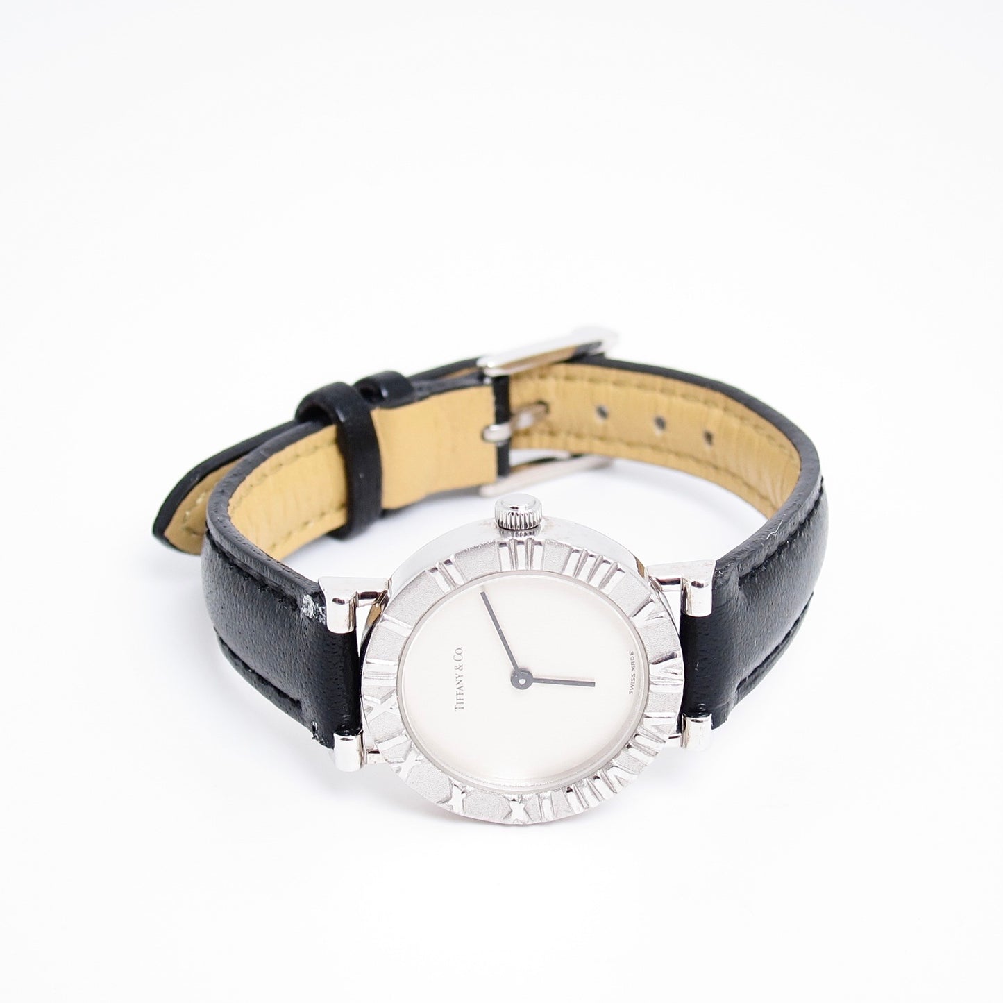 Tiffany Vintage Atlas Round Dial 925 Sterling Silver and Black Leather Strap Quartz Watch