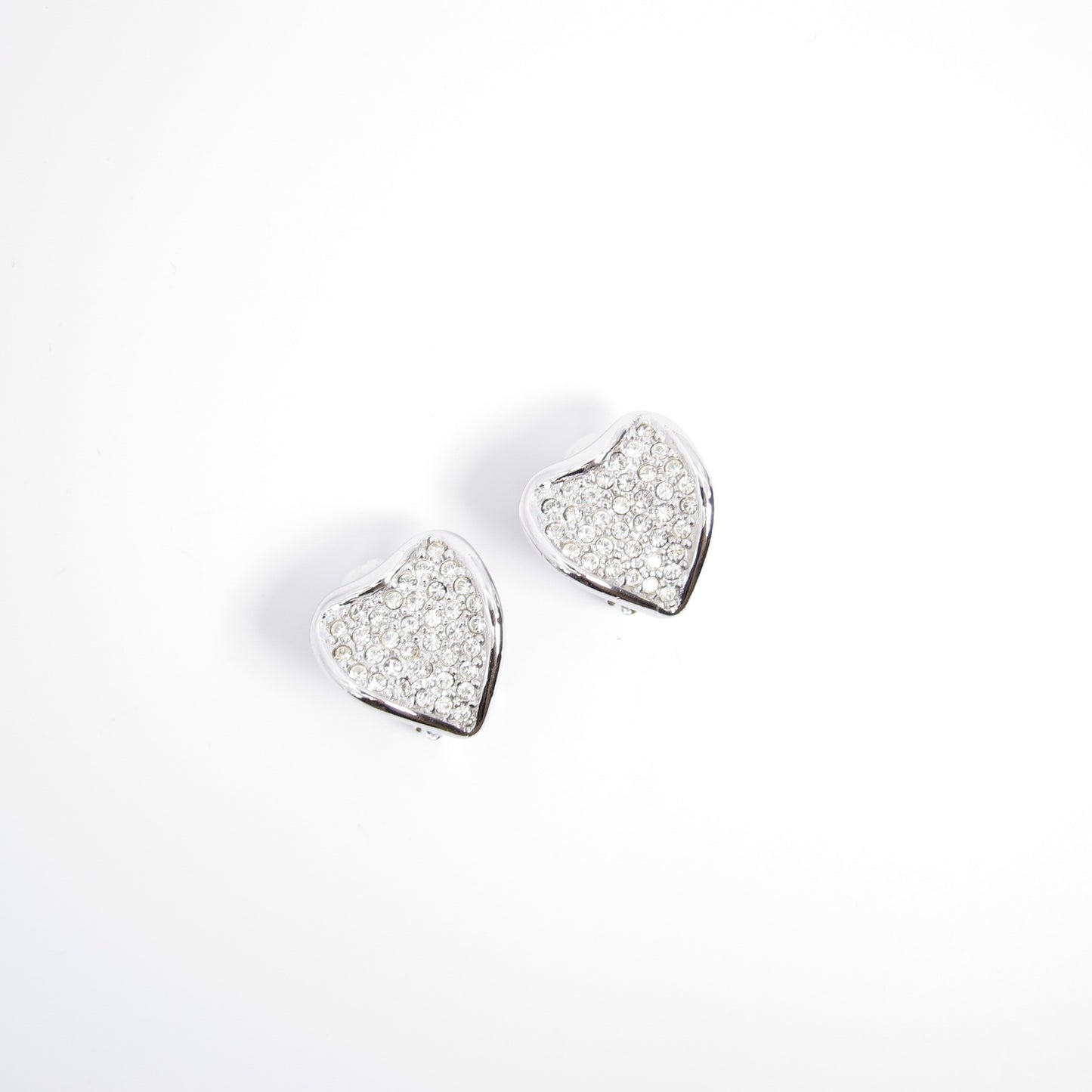 Christian Dior Vintage Heart-shaped with Rhinestone Silver Clip-on Earrings