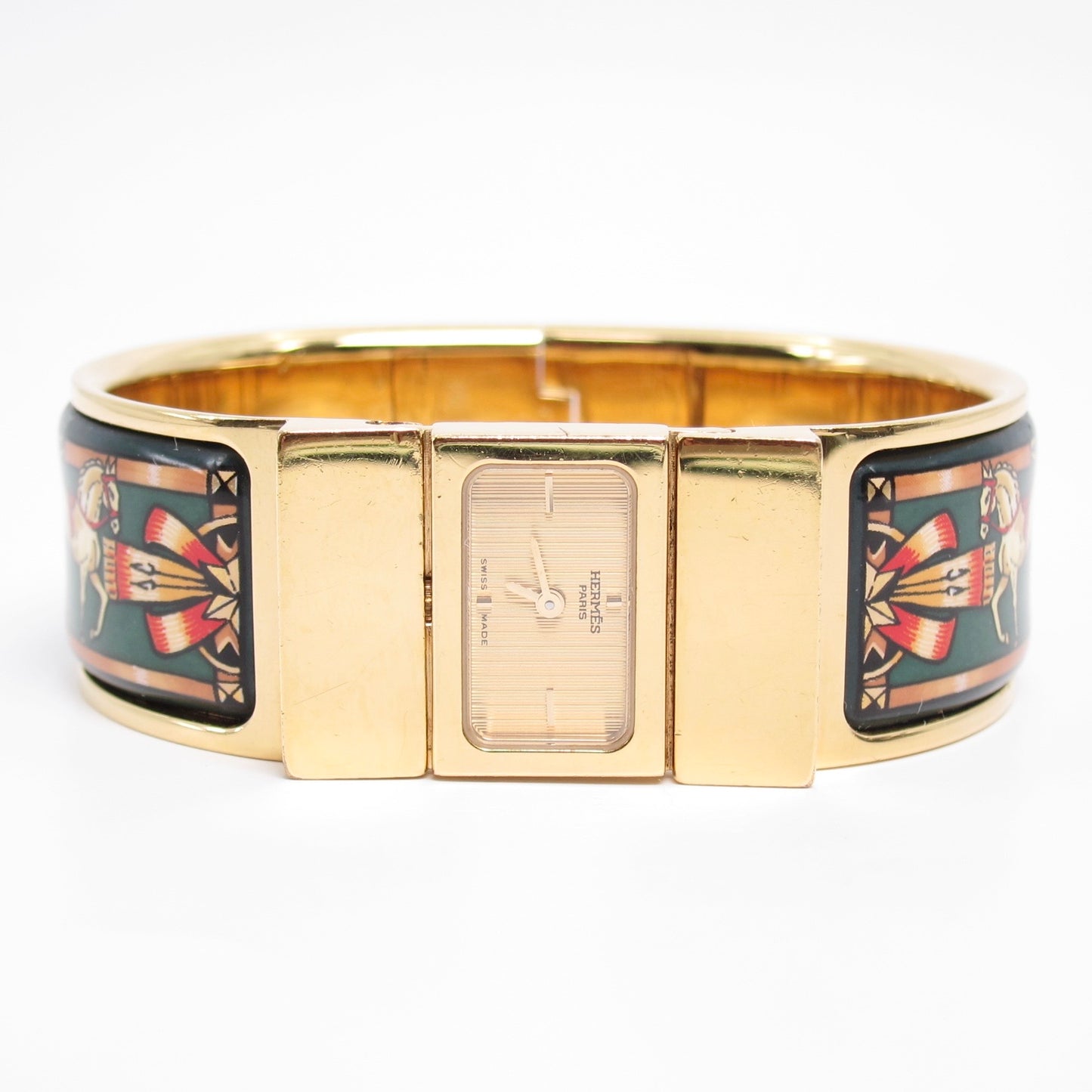 Hermes Vintage Loquet Golden Face Green Cloisonne Enamel Bangle Watch