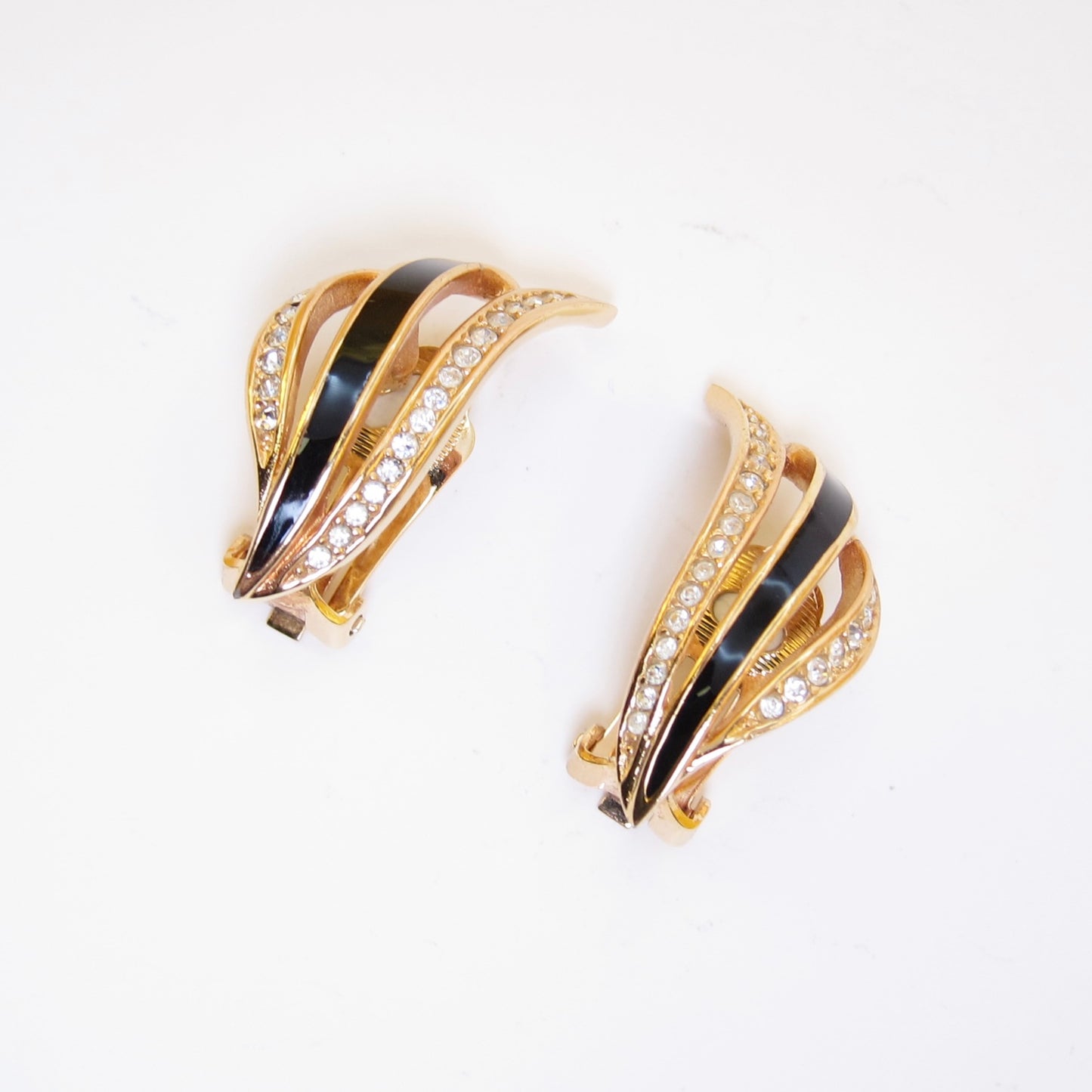 Christian Dior Vintage Stylish Black and Rhinestone Golden Clip-on Earrings