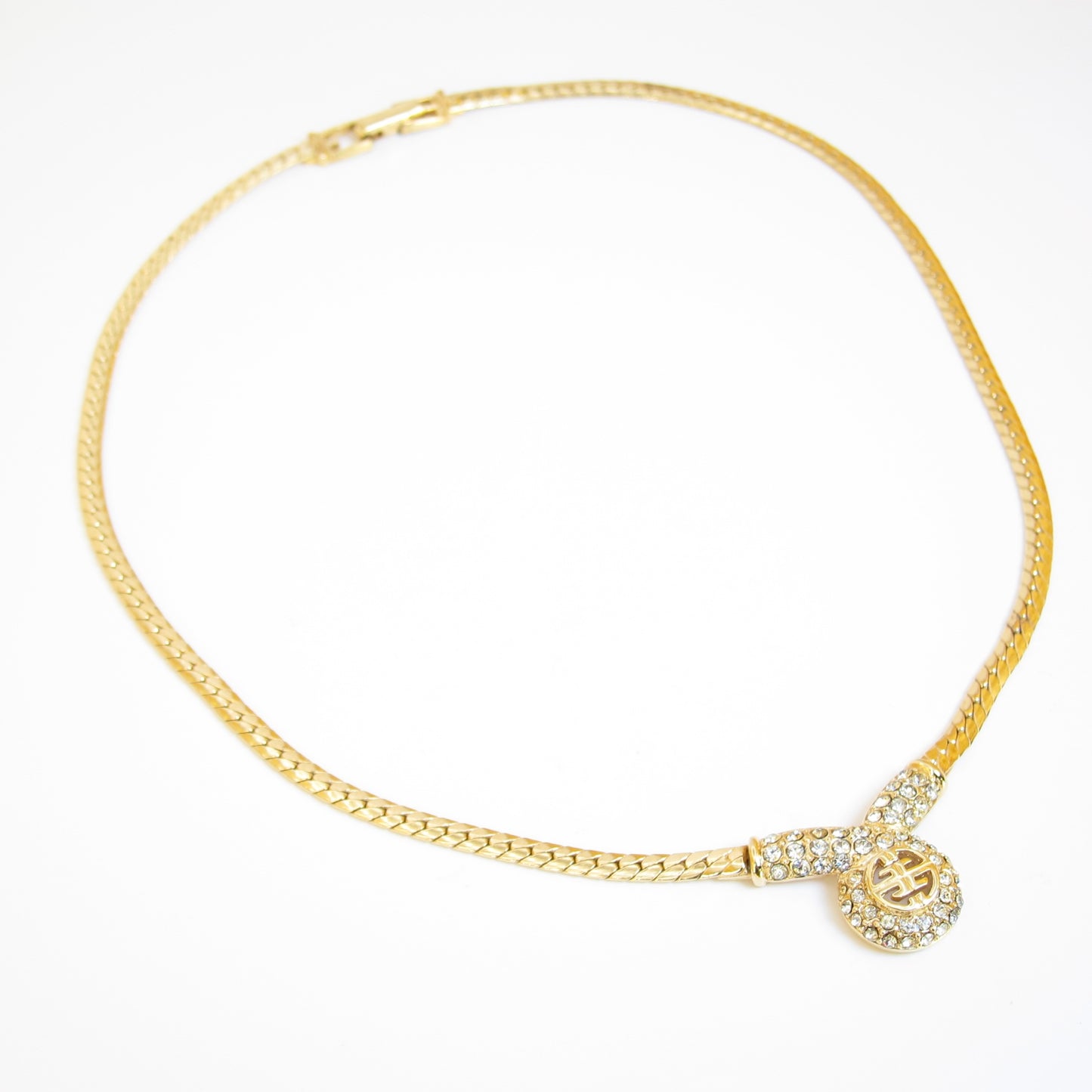 Givenchy Vintage 4G Logo and Rhinestone Pendant Golden Necklace