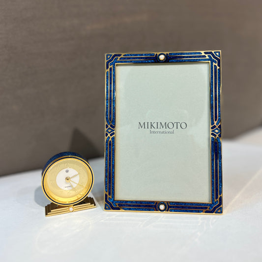Mikimoto Vintage Crystal Lacquer with Pearl  Table Clock and Photo Frame Set