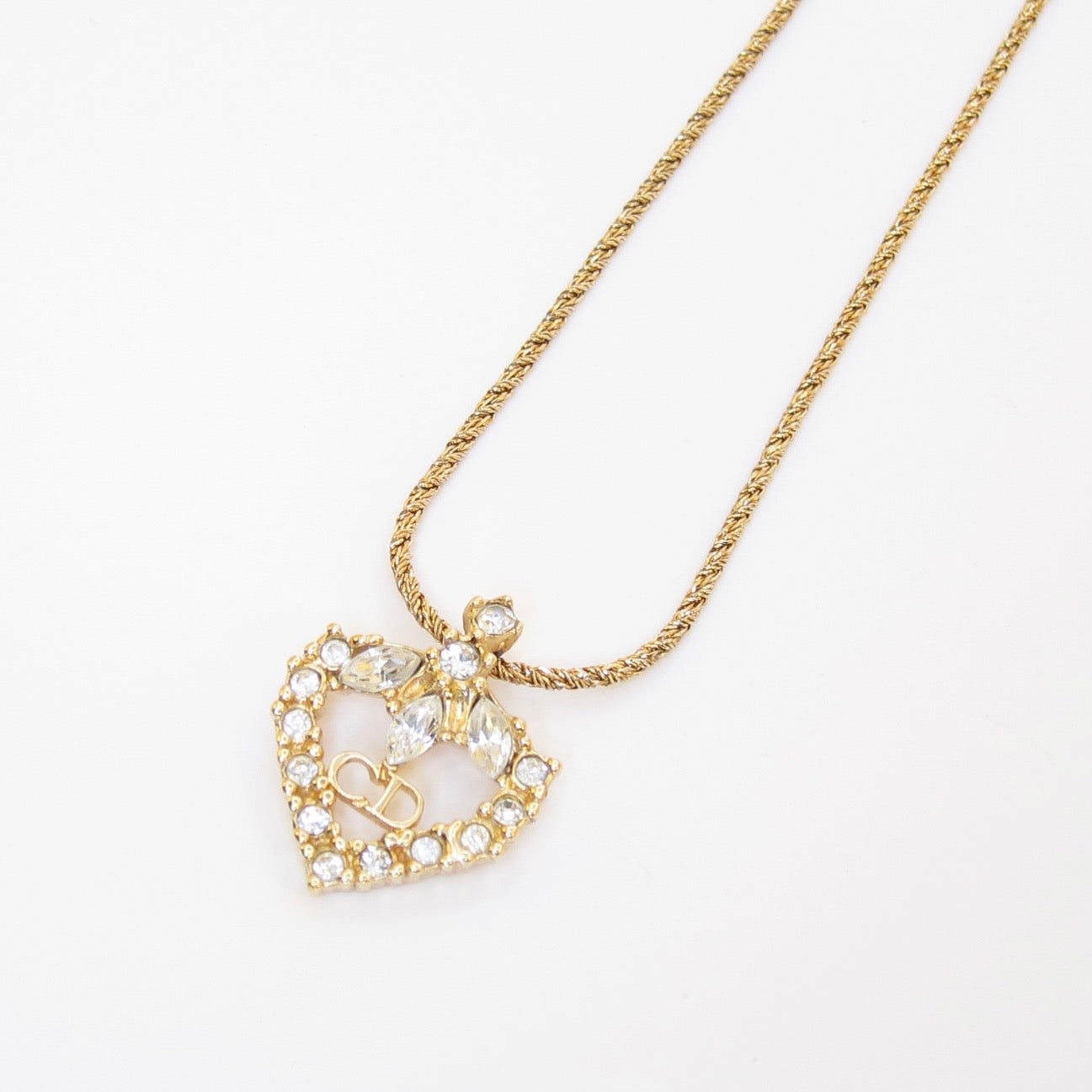 Christian Dior Vintage CD Logo in Heart with Rhinestone Golden Necklace