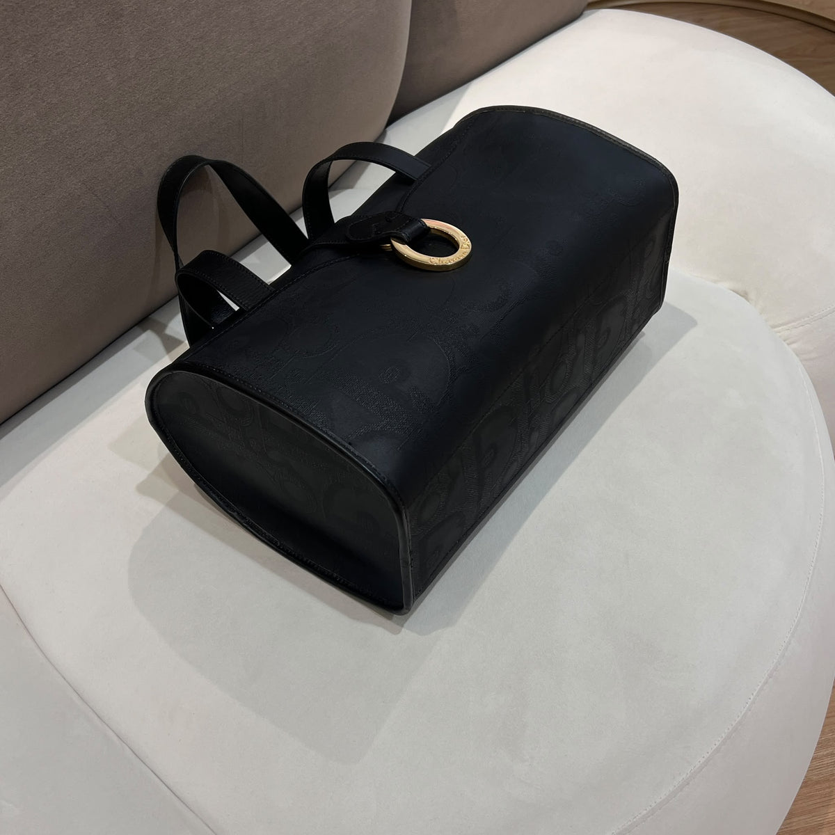 Christian Dior Vintage Black PVC Leather Gold Ring Boston Bag