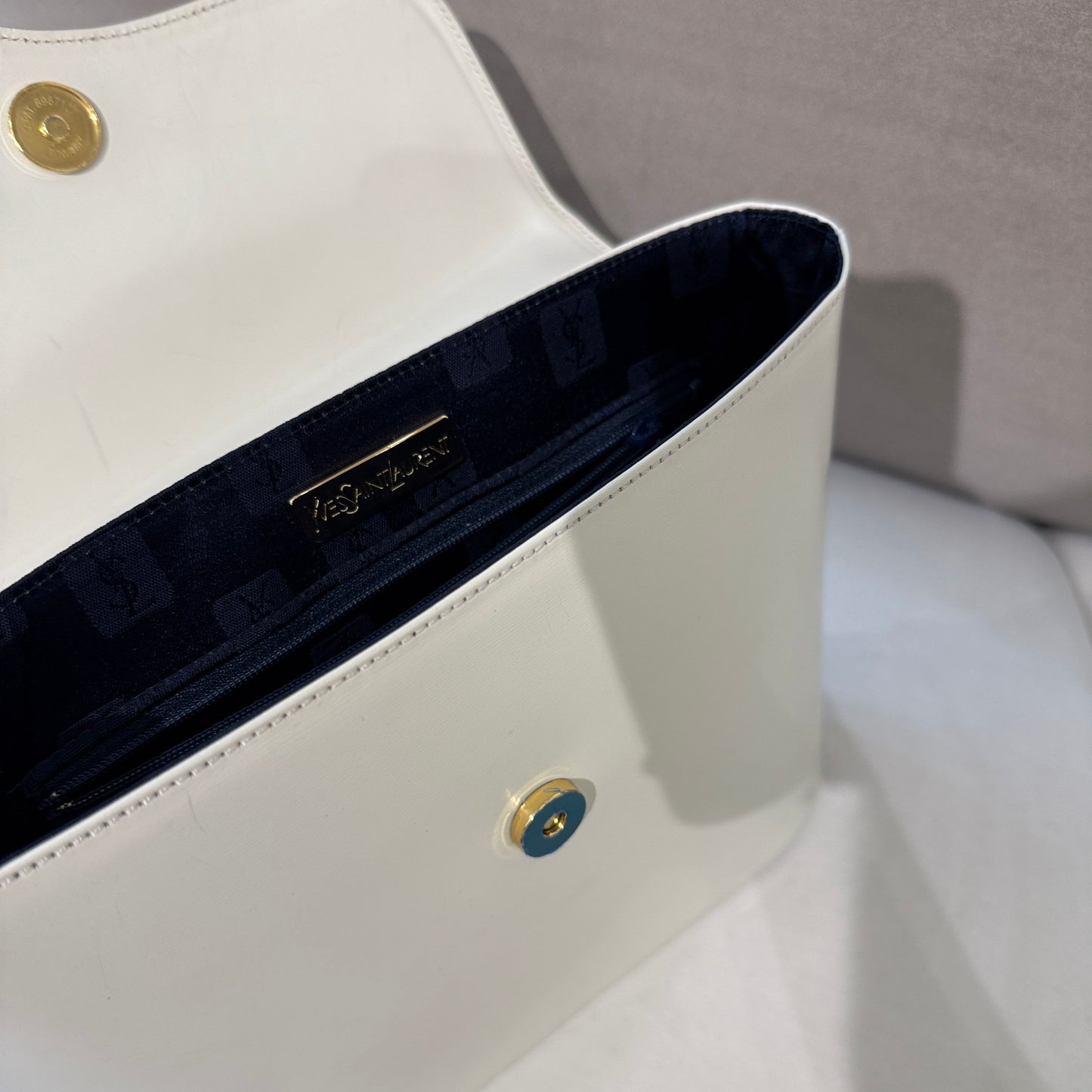Yves Saint Laurent Vintage White Leather With Golden Logo Charm Top Handle Handbag