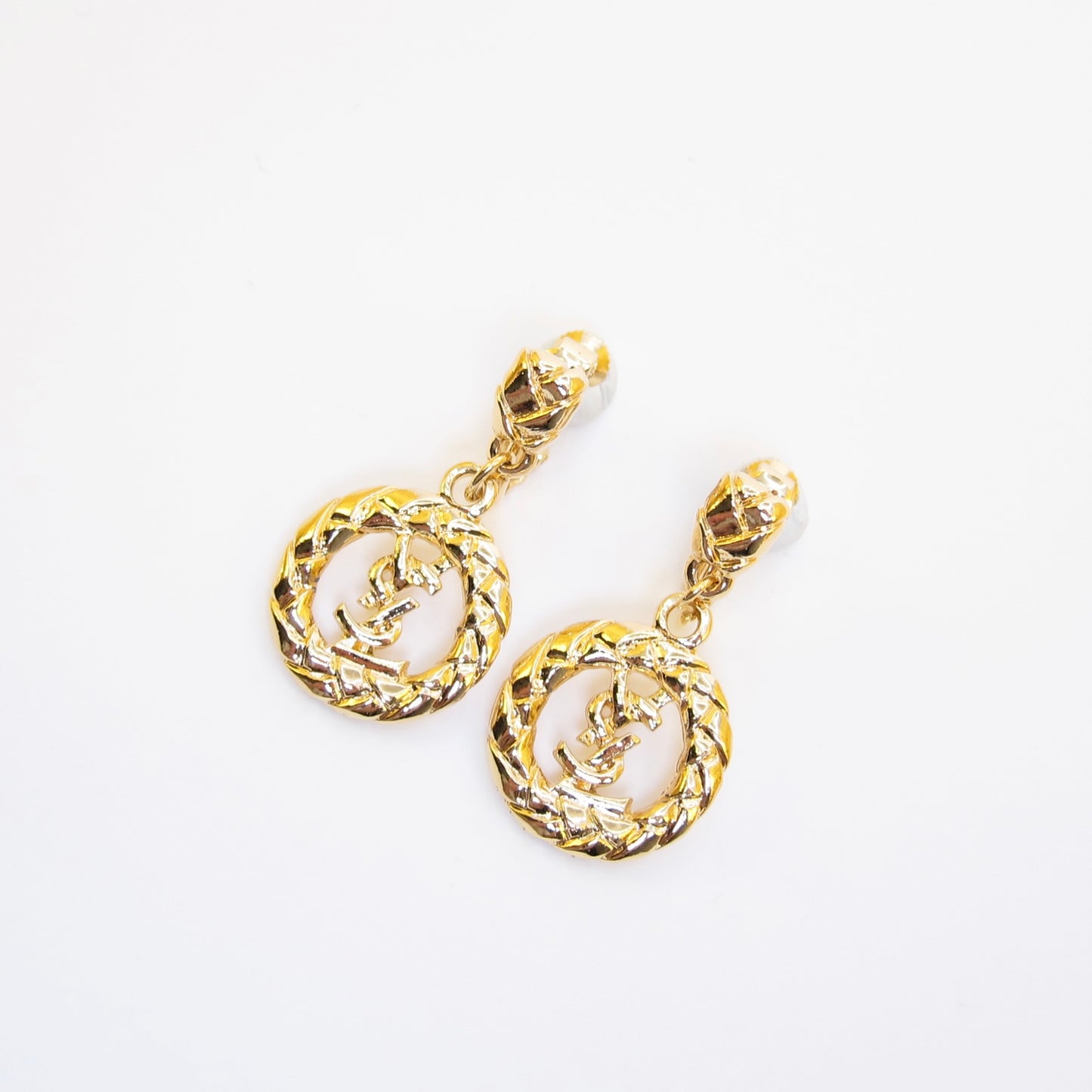 Yves Saint Laurent Vintage YSL Logo in Circle Dangle Golden Clip-on Earrings