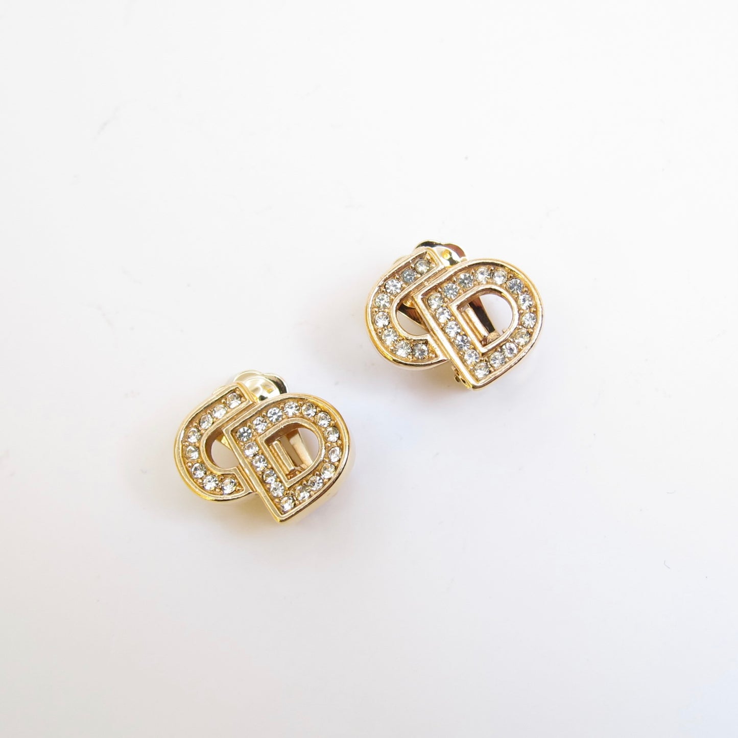 Christian Dior Vintage CD Logo with Rhinestone Golden Clip-on Earrings