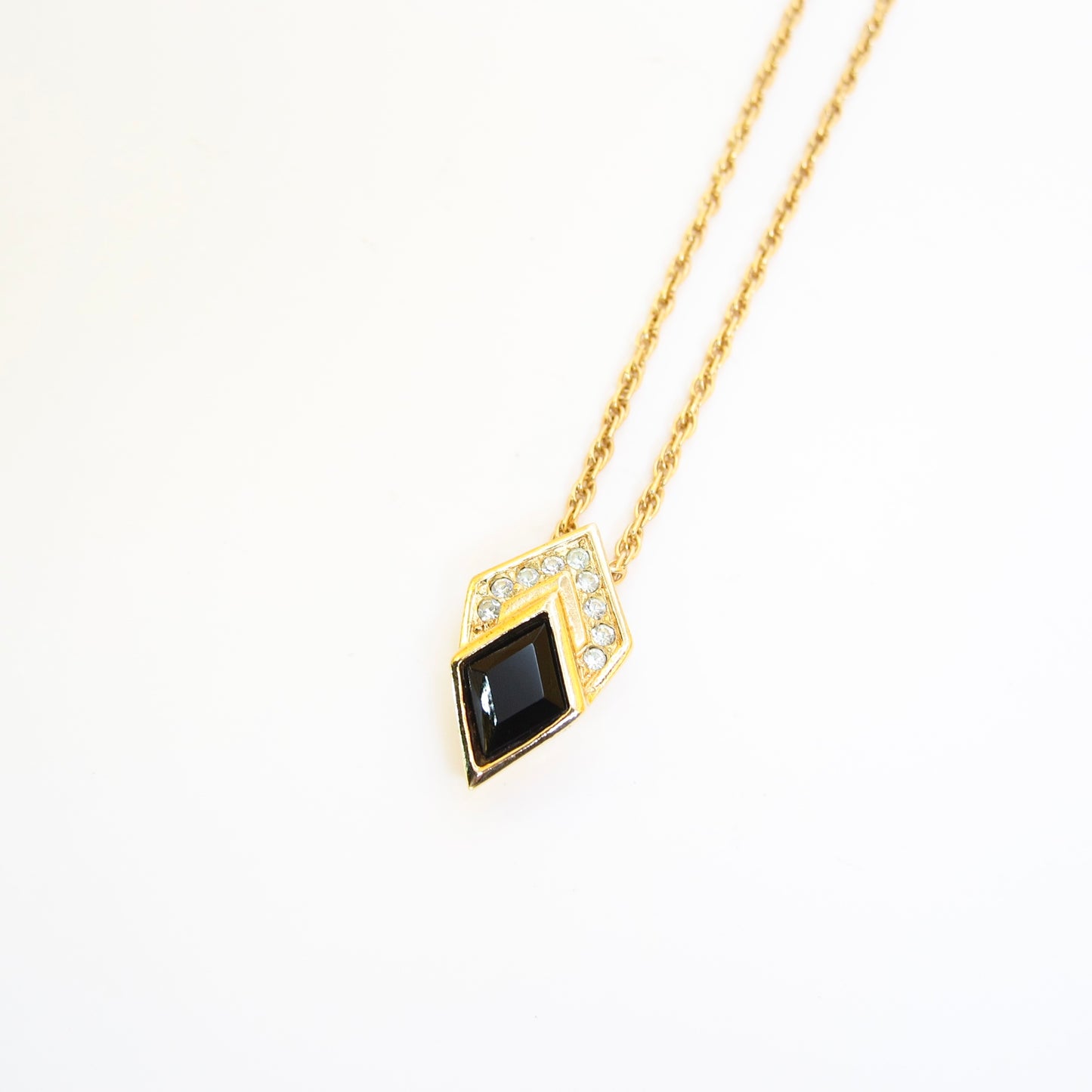 Christian Dior Vintage Rhombus Black and Rhinestone Golden Necklace