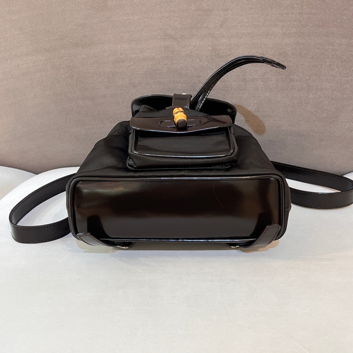 Gucci Vintage Bamboo Nylon Black Leather Trim Backpack