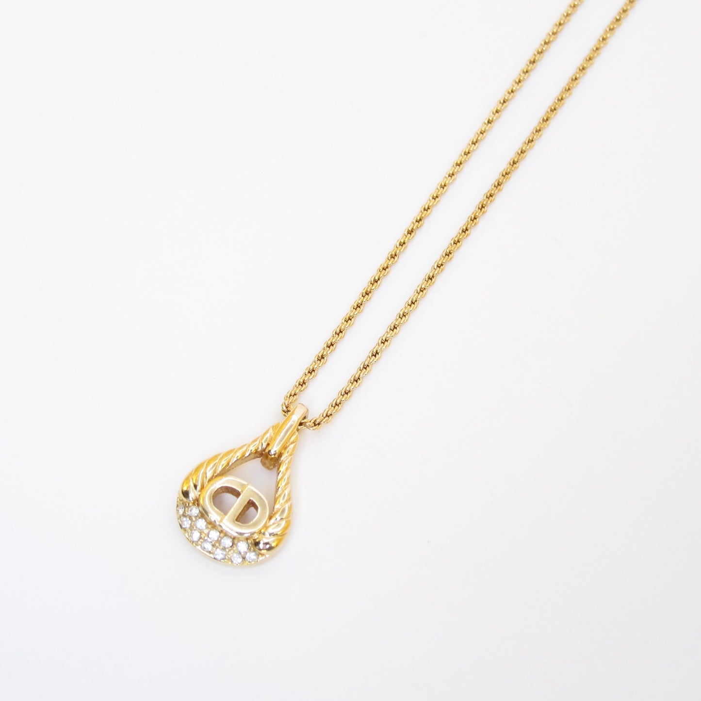 Christian Dior Vintage CD Logo in Teardrop Rope Twisted and Rhinestone Golden Necklace