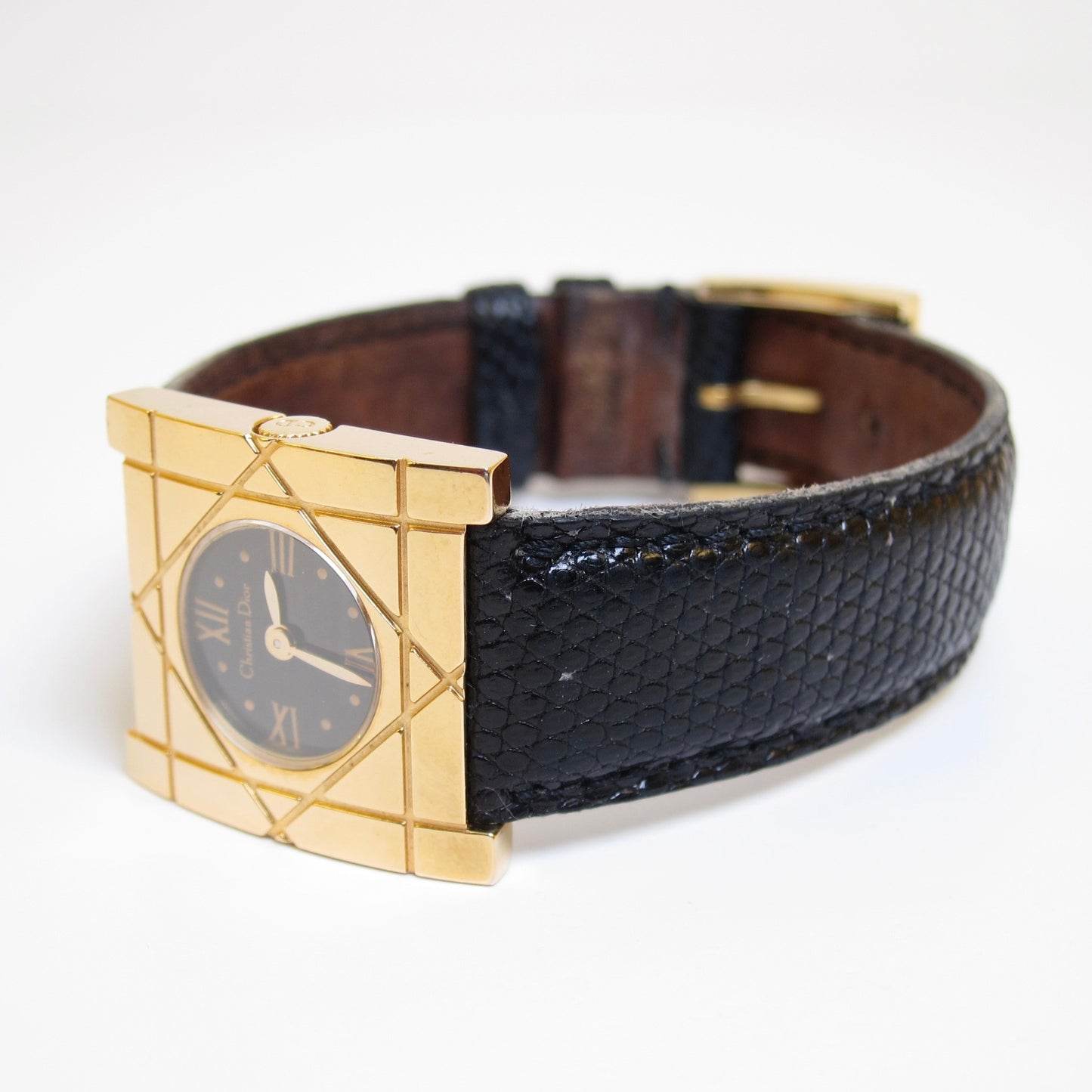 Christian Dior Vintage Cannage Square Black Face with Leather Strap Golden Watch