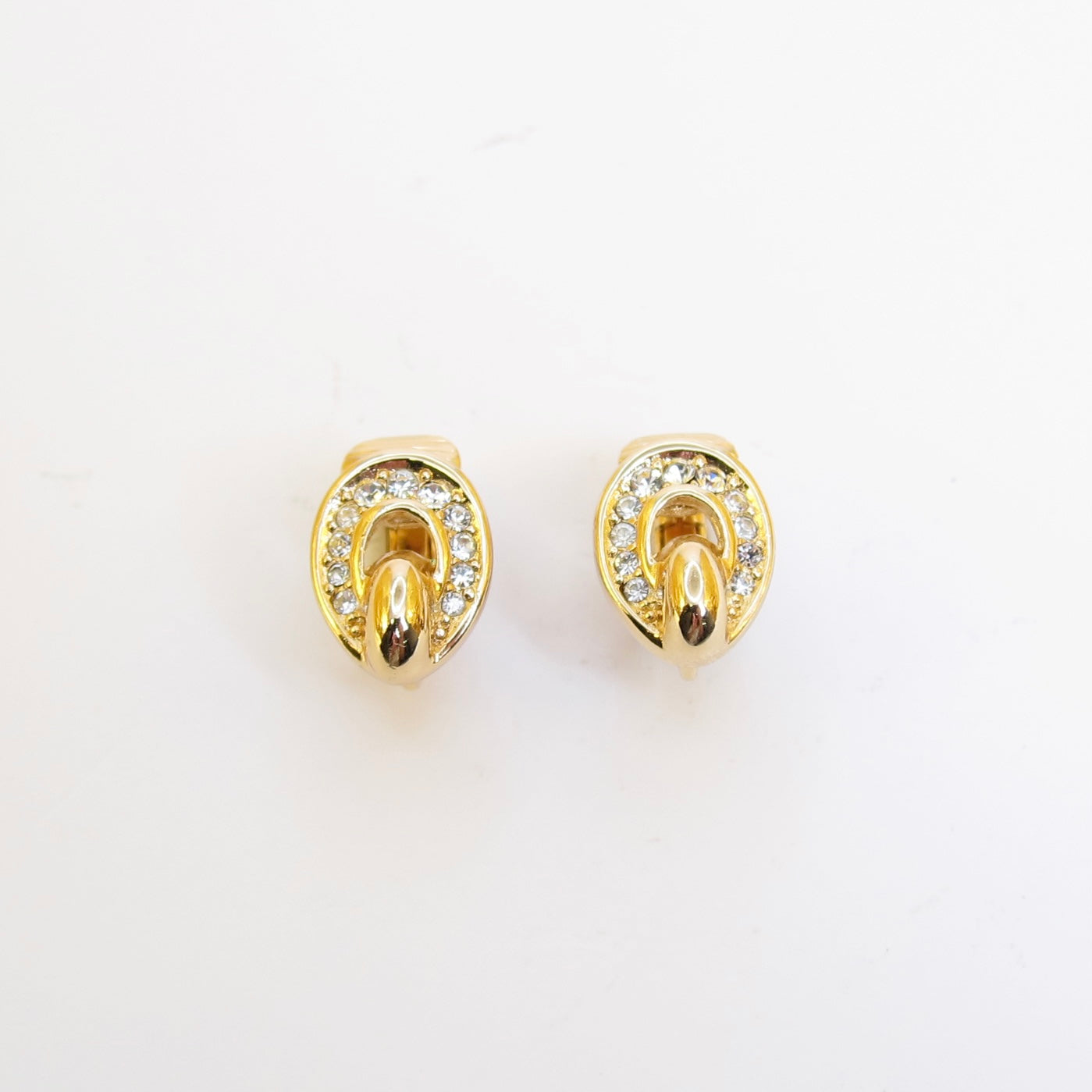 Christian Dior Vintage Oval Shaped with Rhinestone Golden Clip-on Earrings