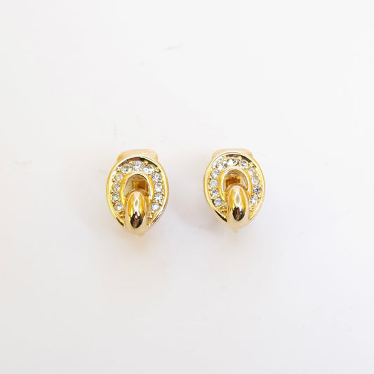 Christian Dior Vintage Oval Shaped with Rhinestone Golden Clip-on Earrings