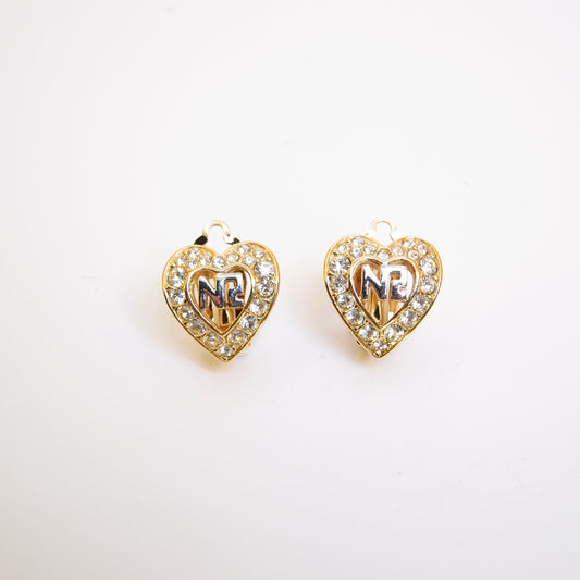 Nina Ricci Vintage NR Logo in Heart with Rhinestone Golden Clip-on Earrings
