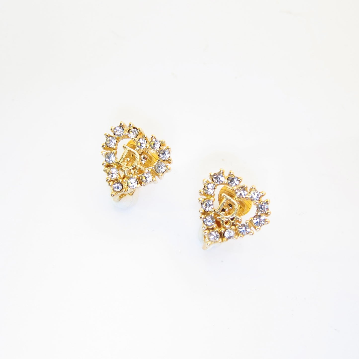 Christian Dior Vintage Dior Logo in Heart with Rhinestone Golden Clip-on Earrings