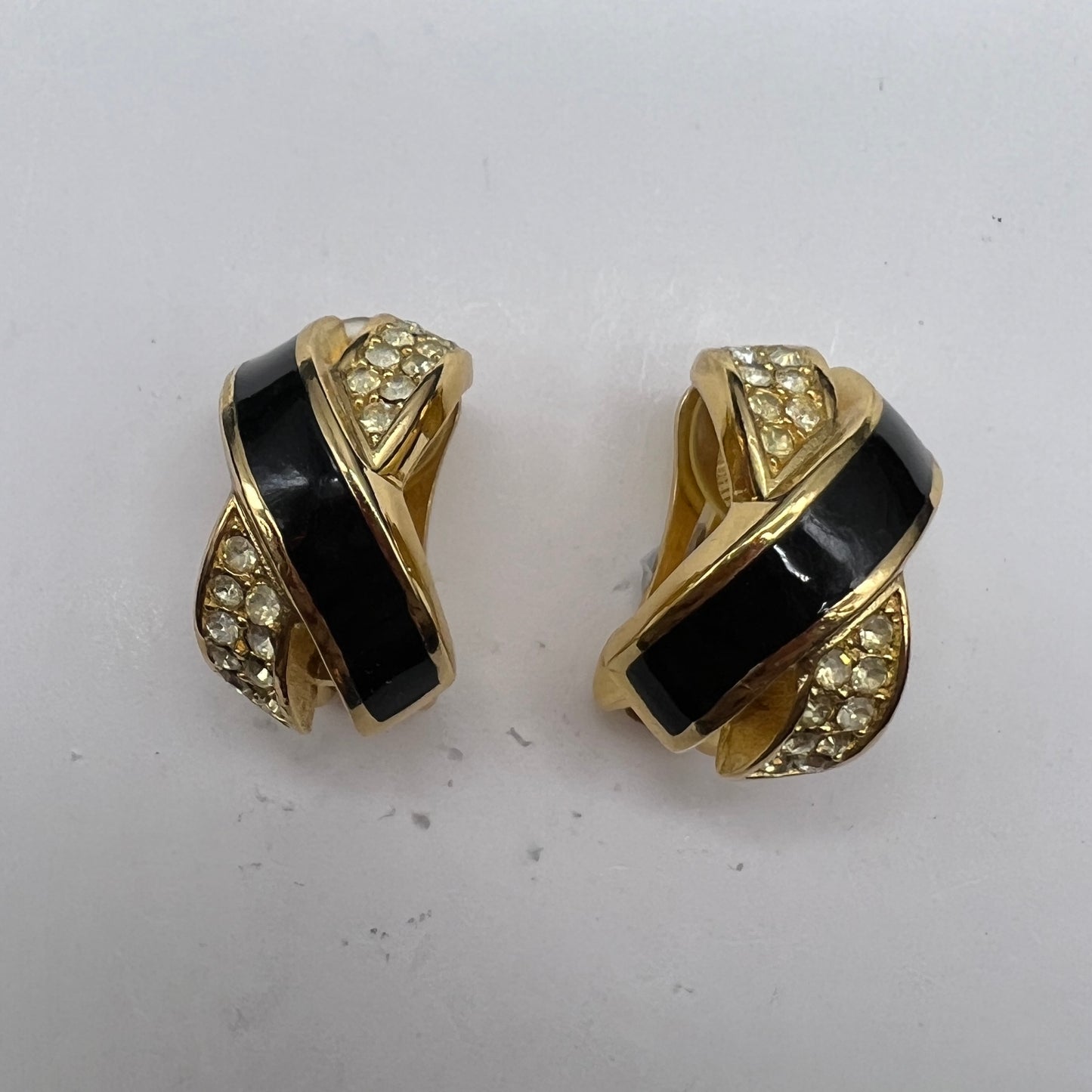 Christian Dior Vintage Black X Rhinestone Cross Clip-On Earrings