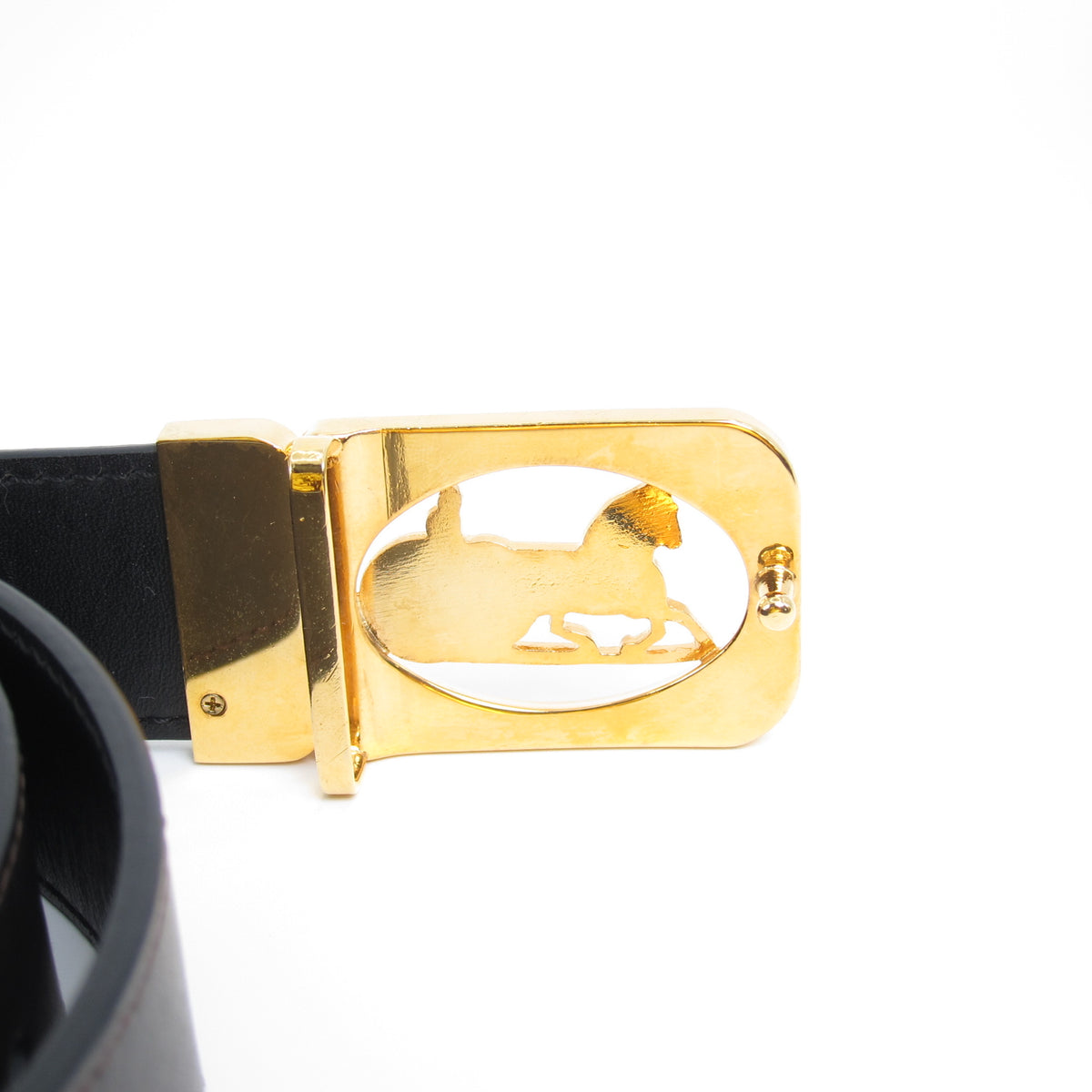 Celine Vintage Sulky Carriage Golden Buckle Grey Brown Leather Belt