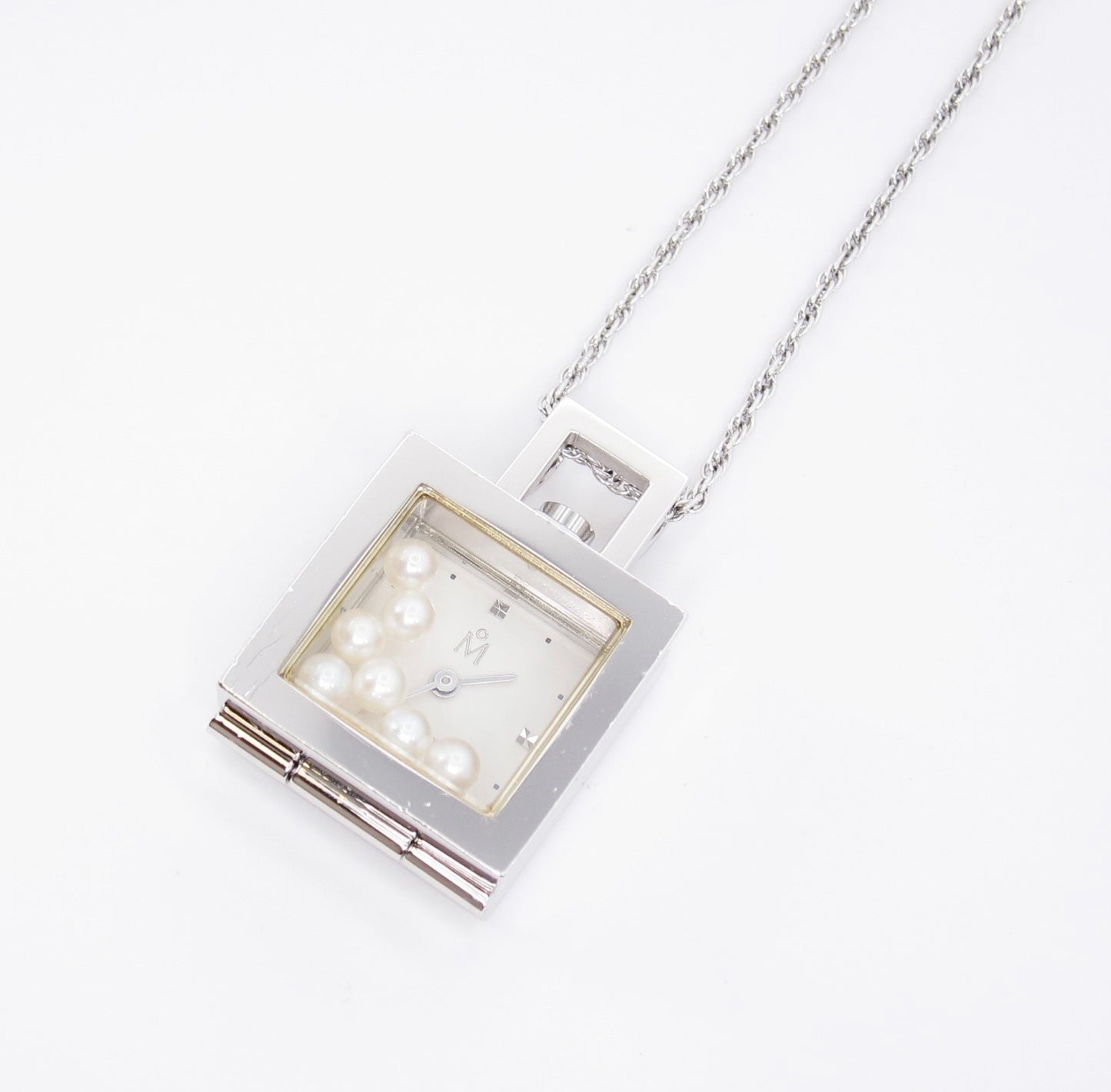 Mikimoto Vintage Square White Face Silver Pendant Watch with Pearl Box and Necklace