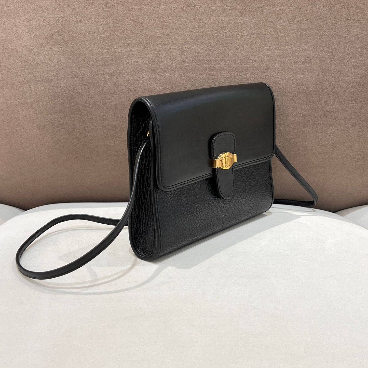 Christian Dior Vintage Black Leather Shoulder Bag With Gold-Tone Heritage Clasp